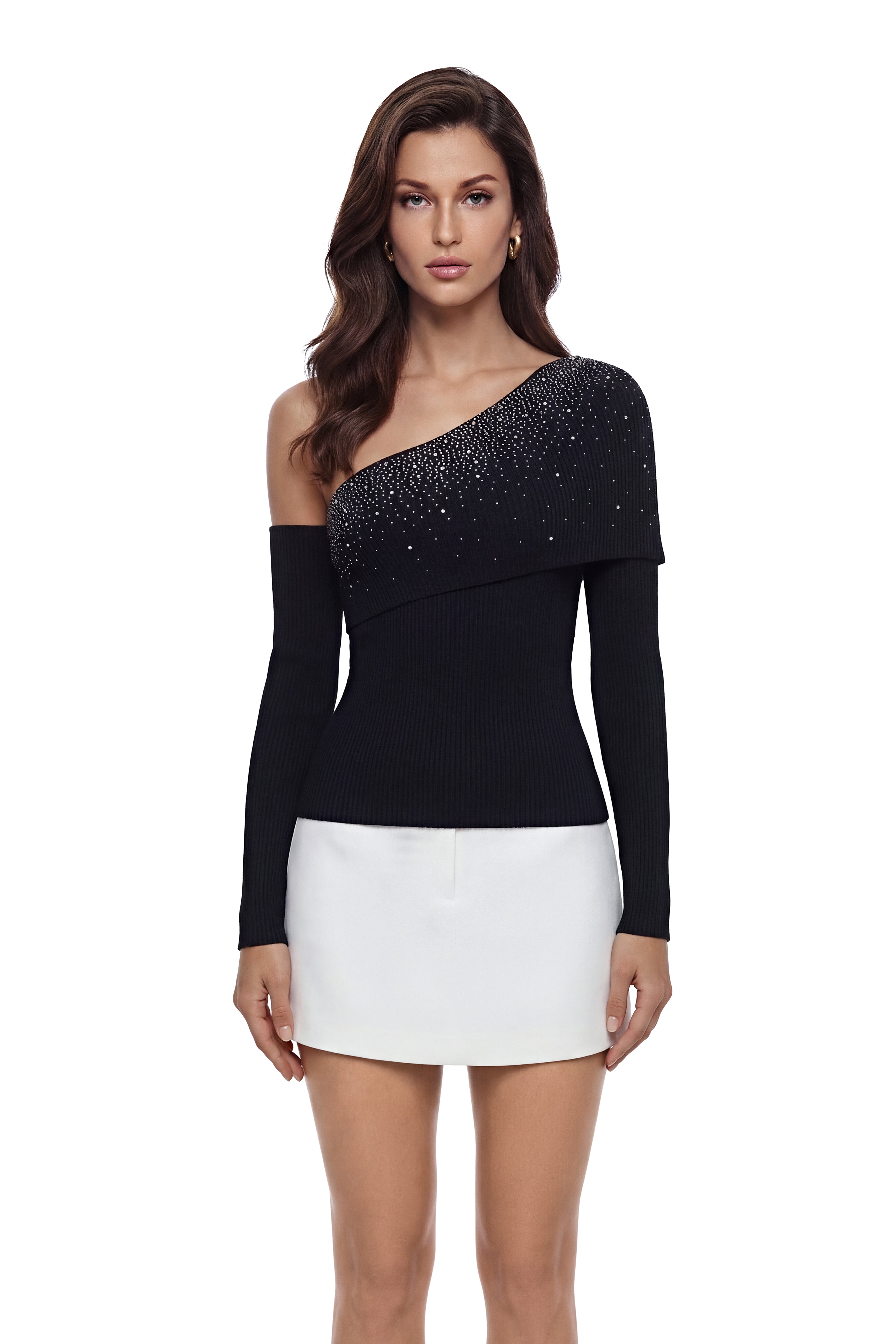 Berenice Black One Shoulder Stretch Knit Top