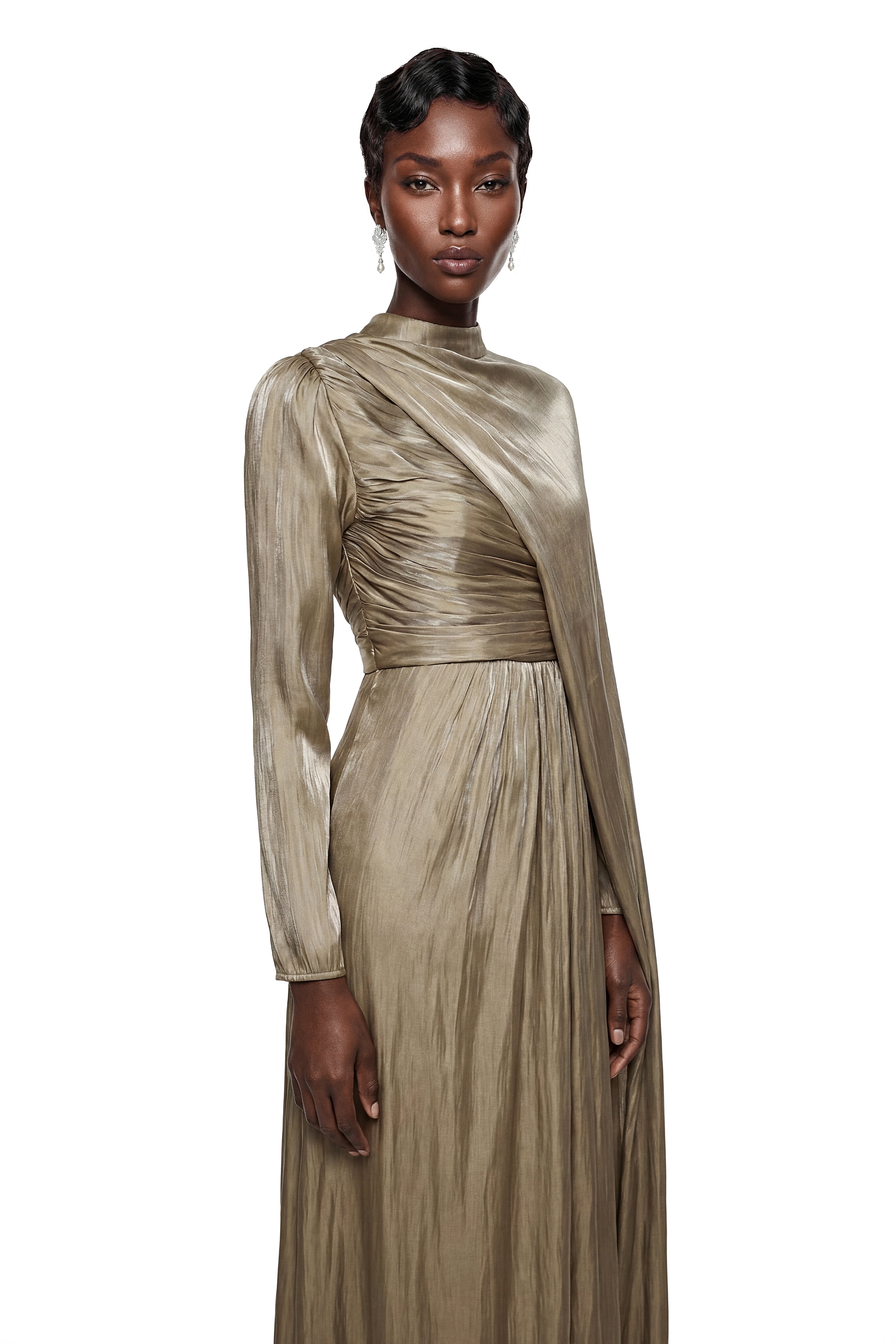 Berenike Gold Glossy Maxi Dress with Cape