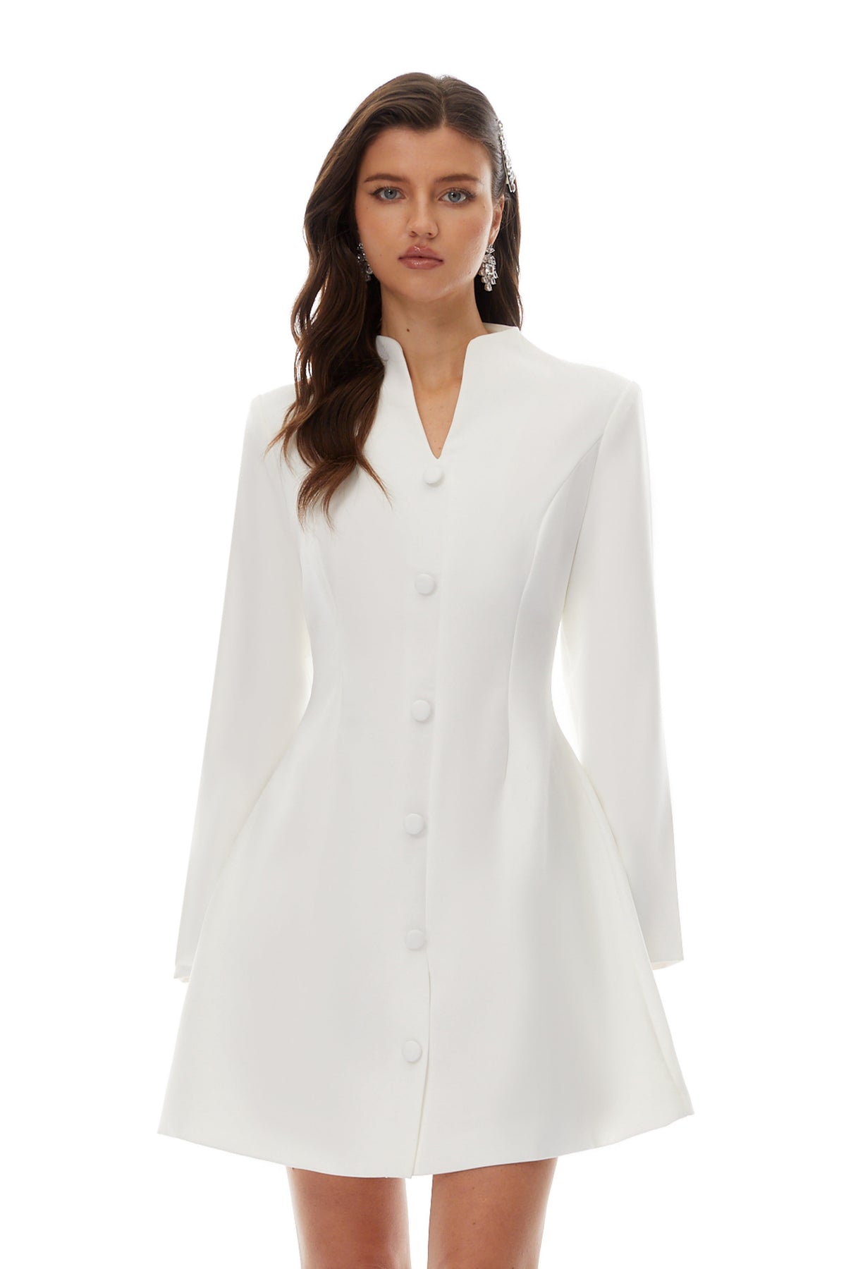 Berglind White Mandarin Collar Mini Blazer Dress