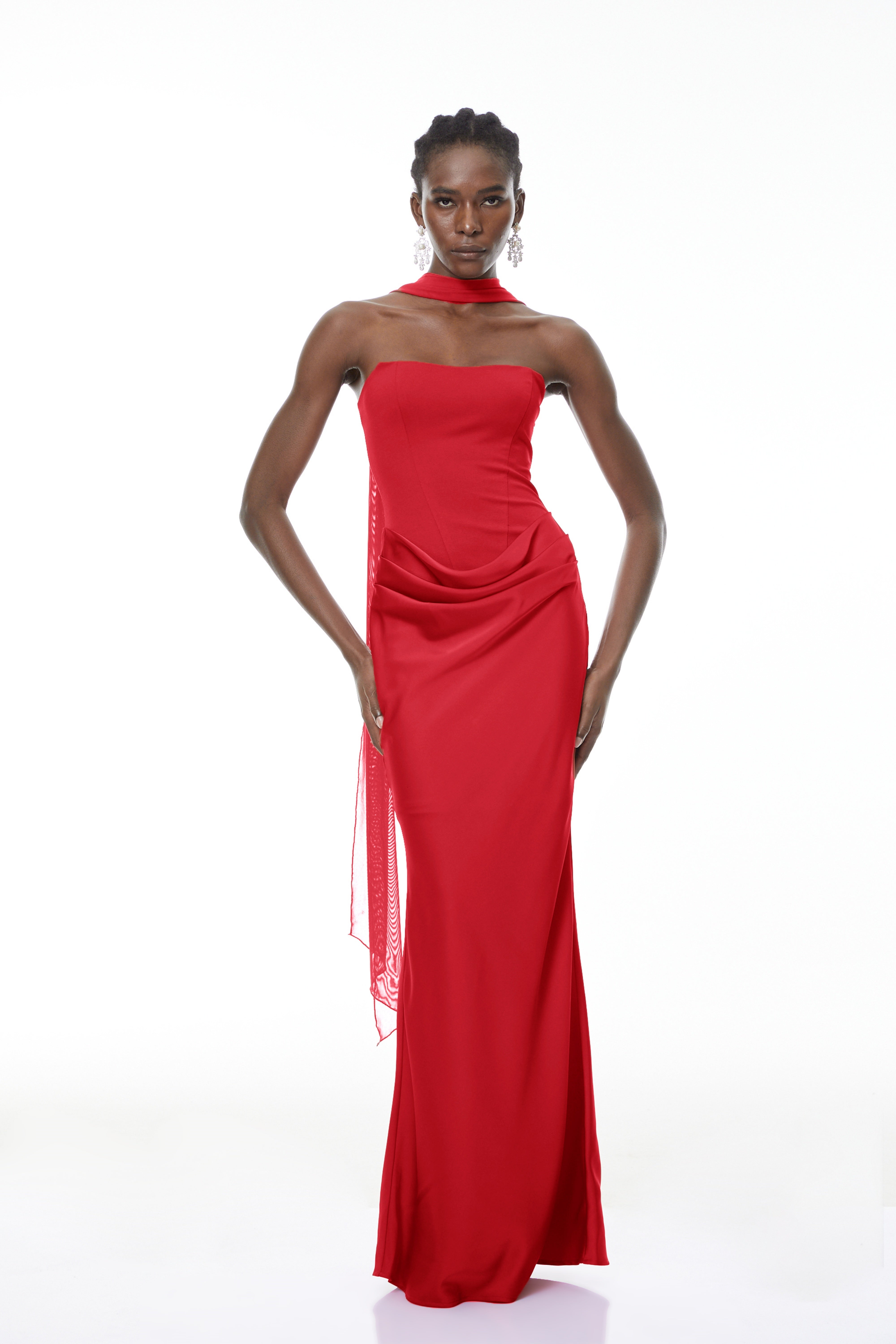 Berit Red Scarf Off Shoulder Ruched Maxi Dress (Final Sale-US Only)