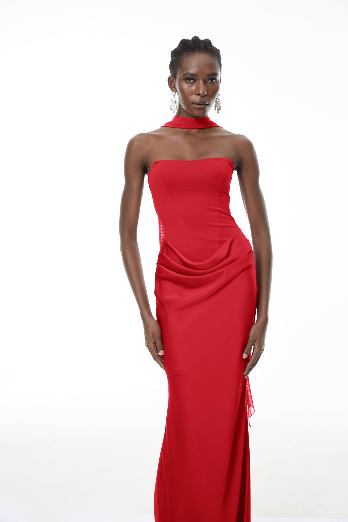 Berit Red Scarf Off Shoulder Ruched Maxi Dress