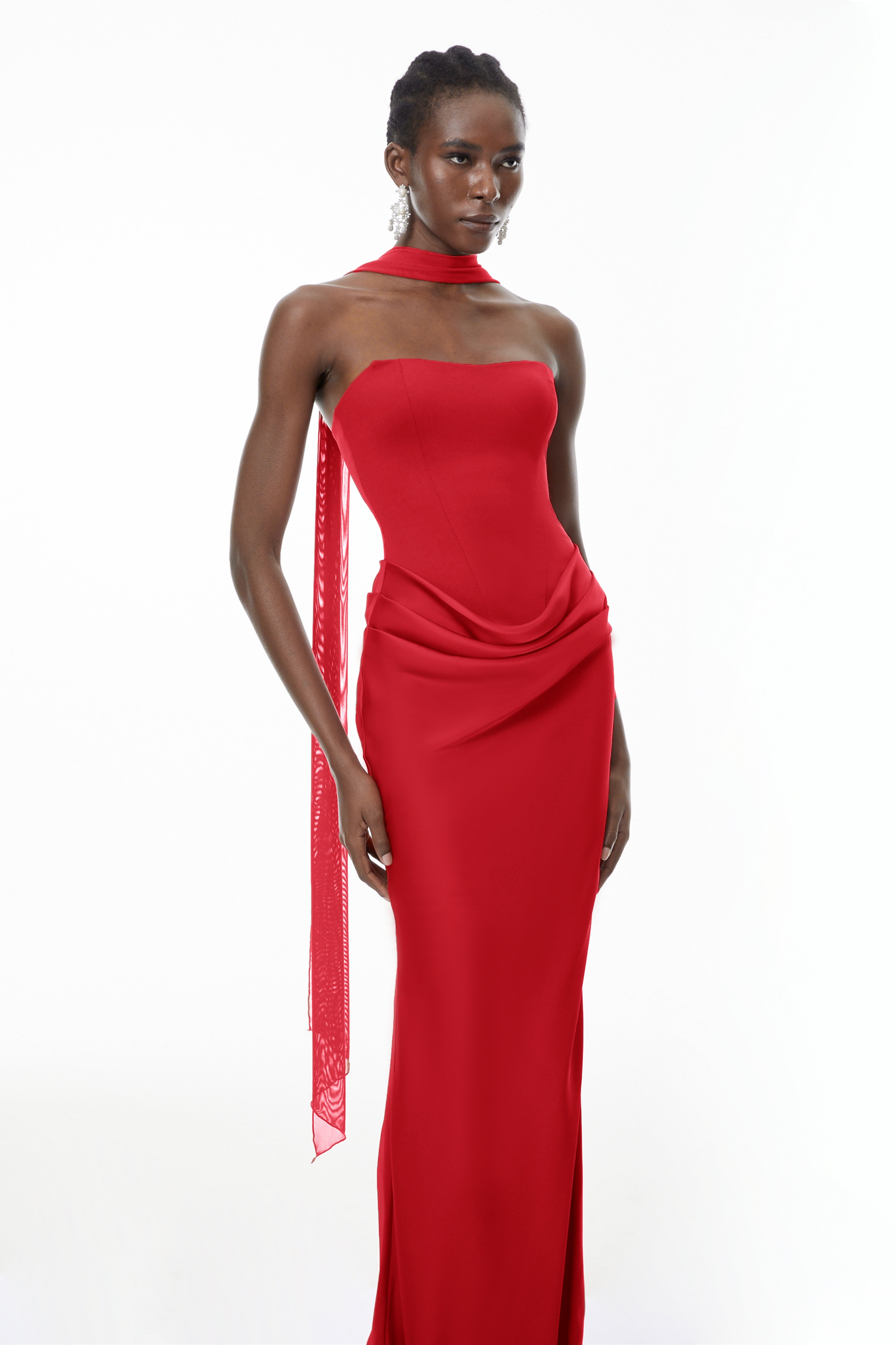 Berit Red Scarf Off Shoulder Ruched Maxi Dress (Final Sale-US Only)