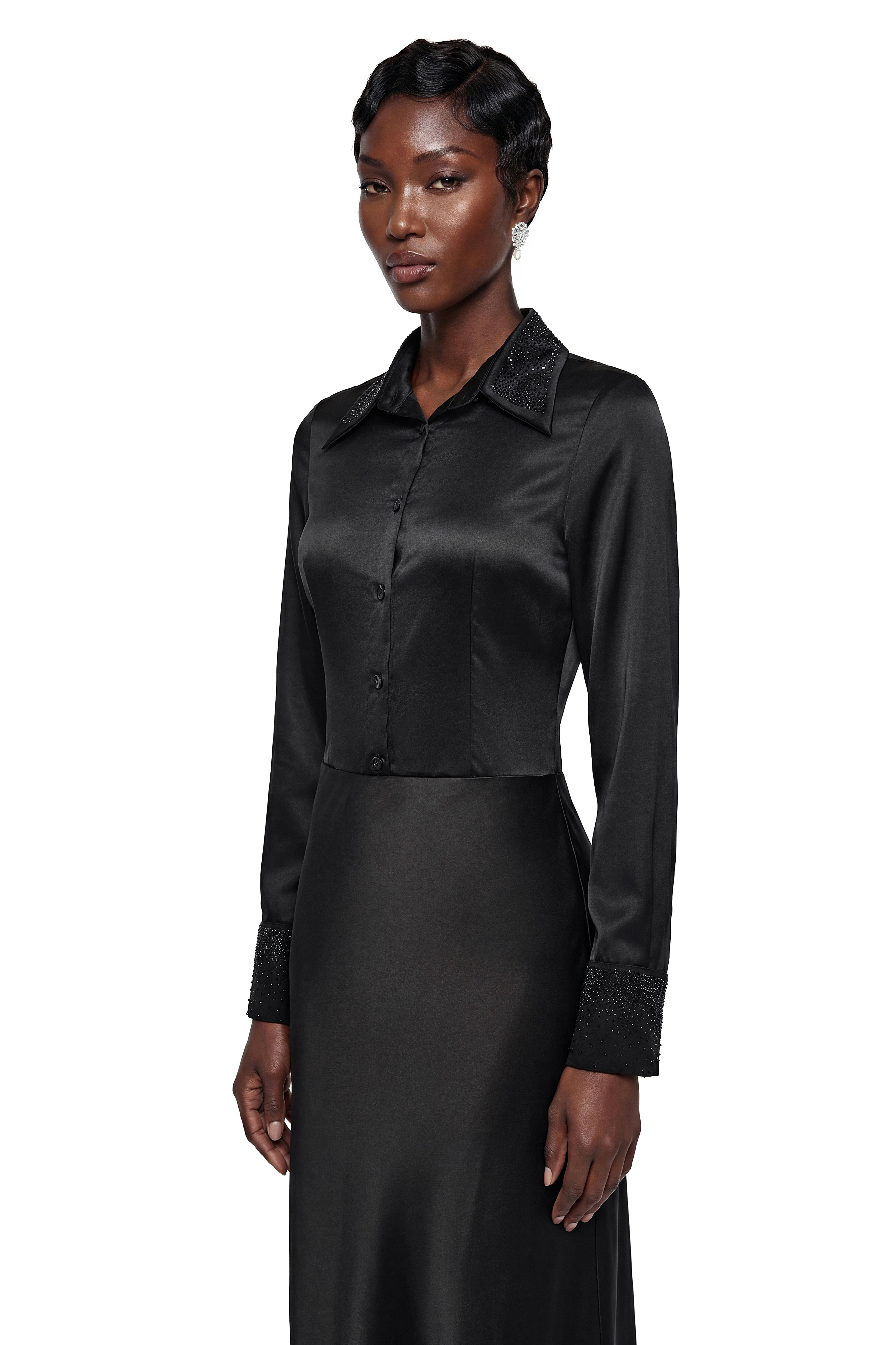 Bernadette Black Embellished Satin Bodysuit