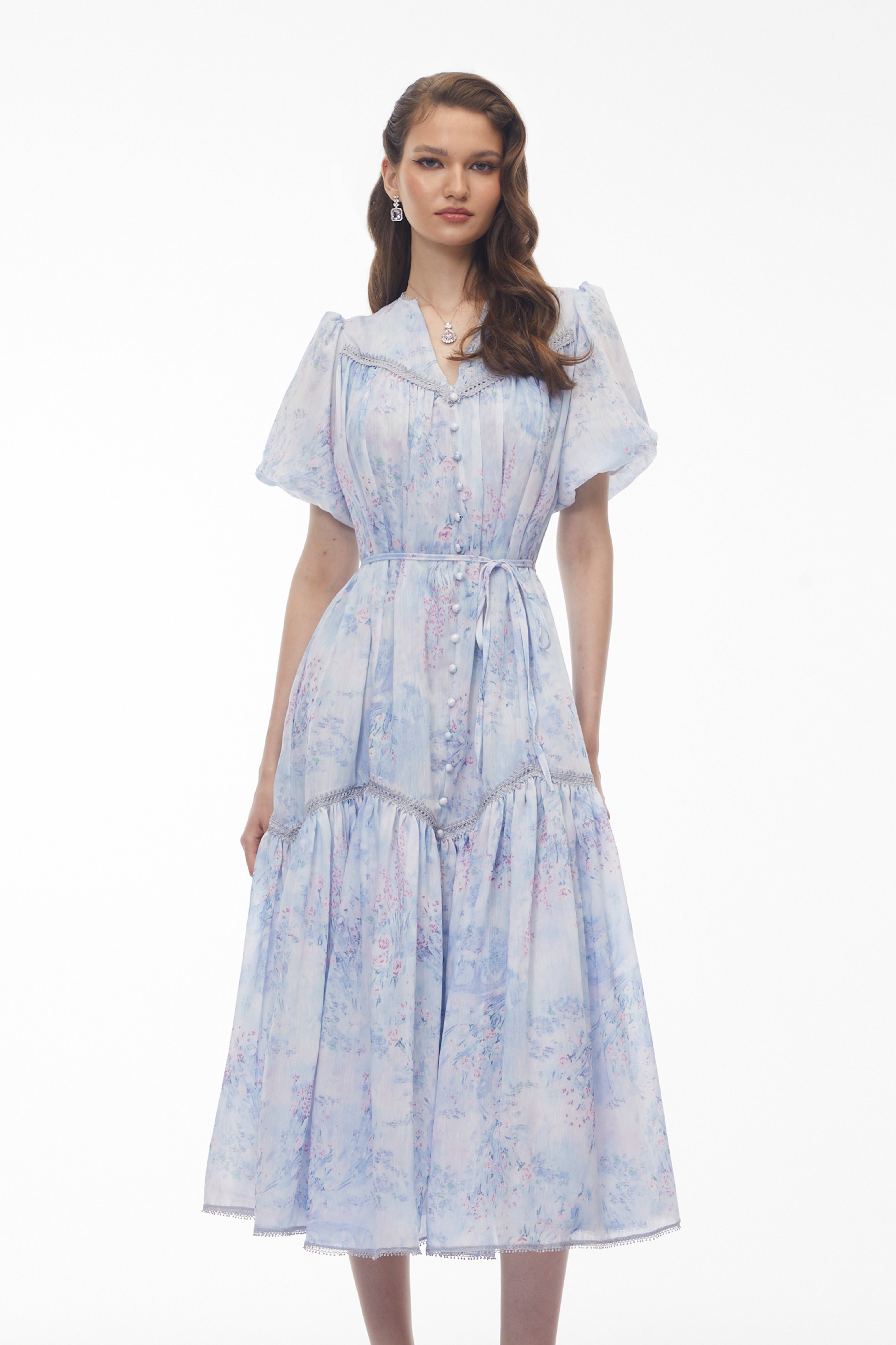 Beryl Blue Floral Print Ruched Midi Dress (Final Sale)