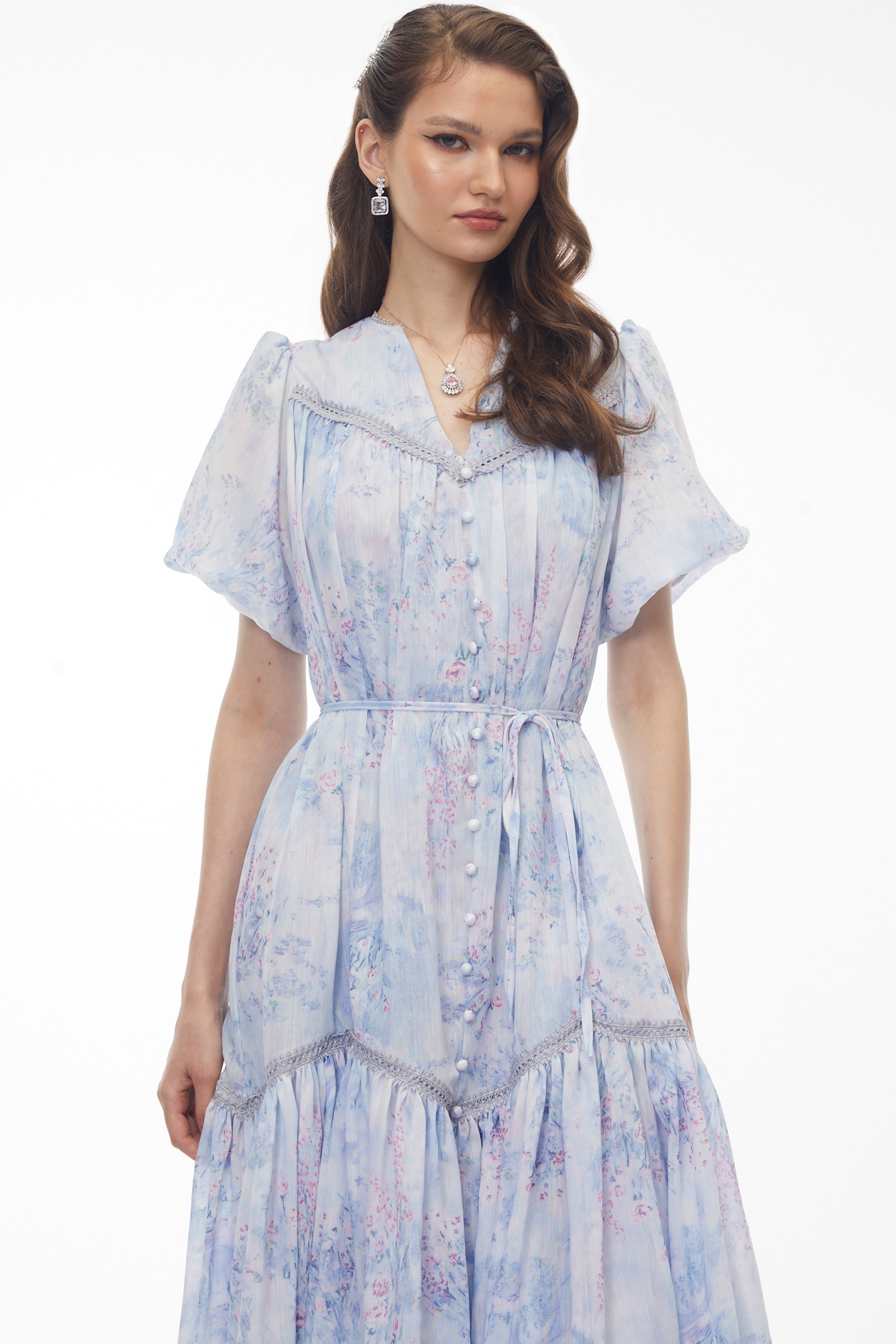 Beryl Blue Floral Print Ruched Midi Dress (Final Sale)