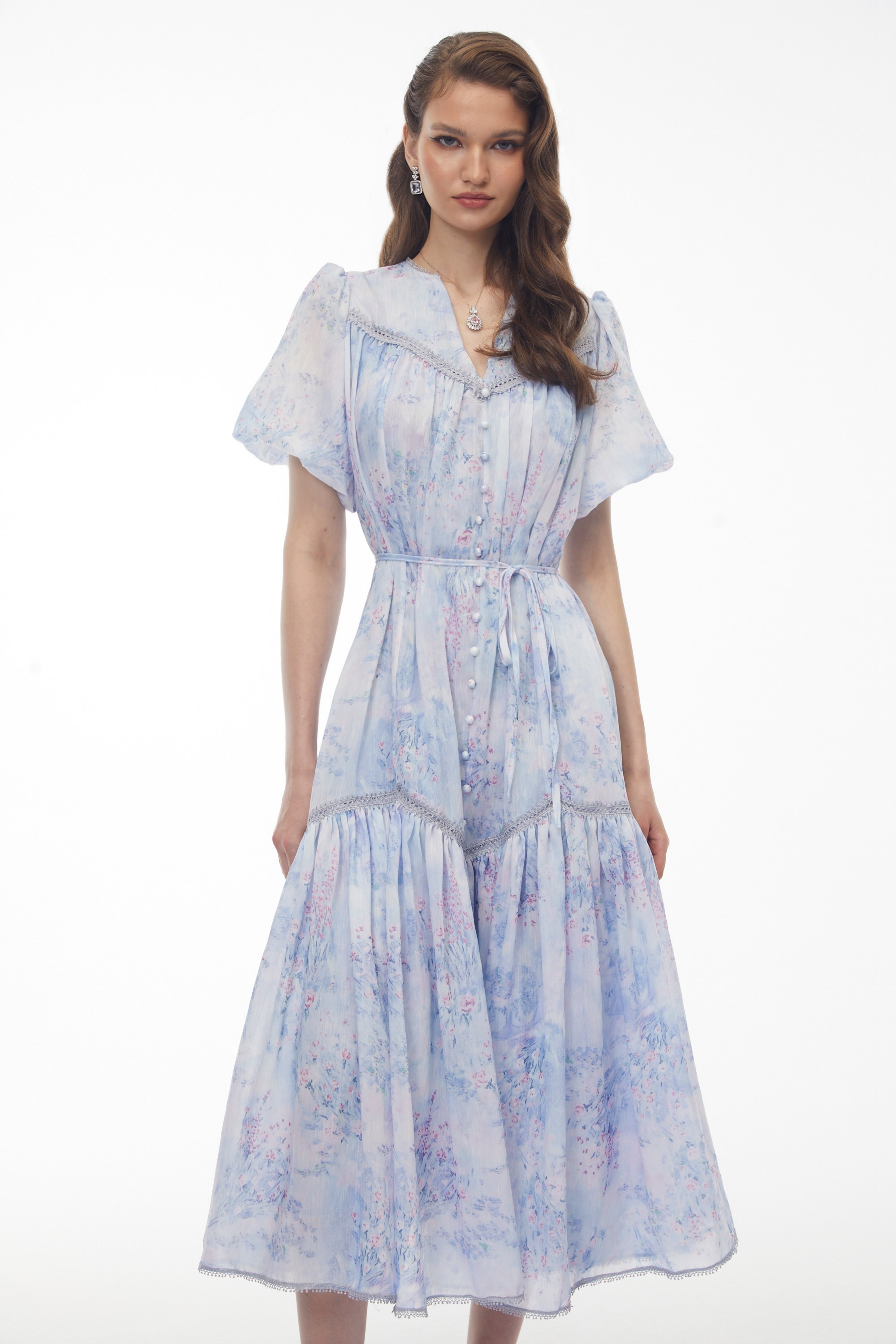 Beryl Blue Floral Print Ruched Midi Dress (Final Sale)