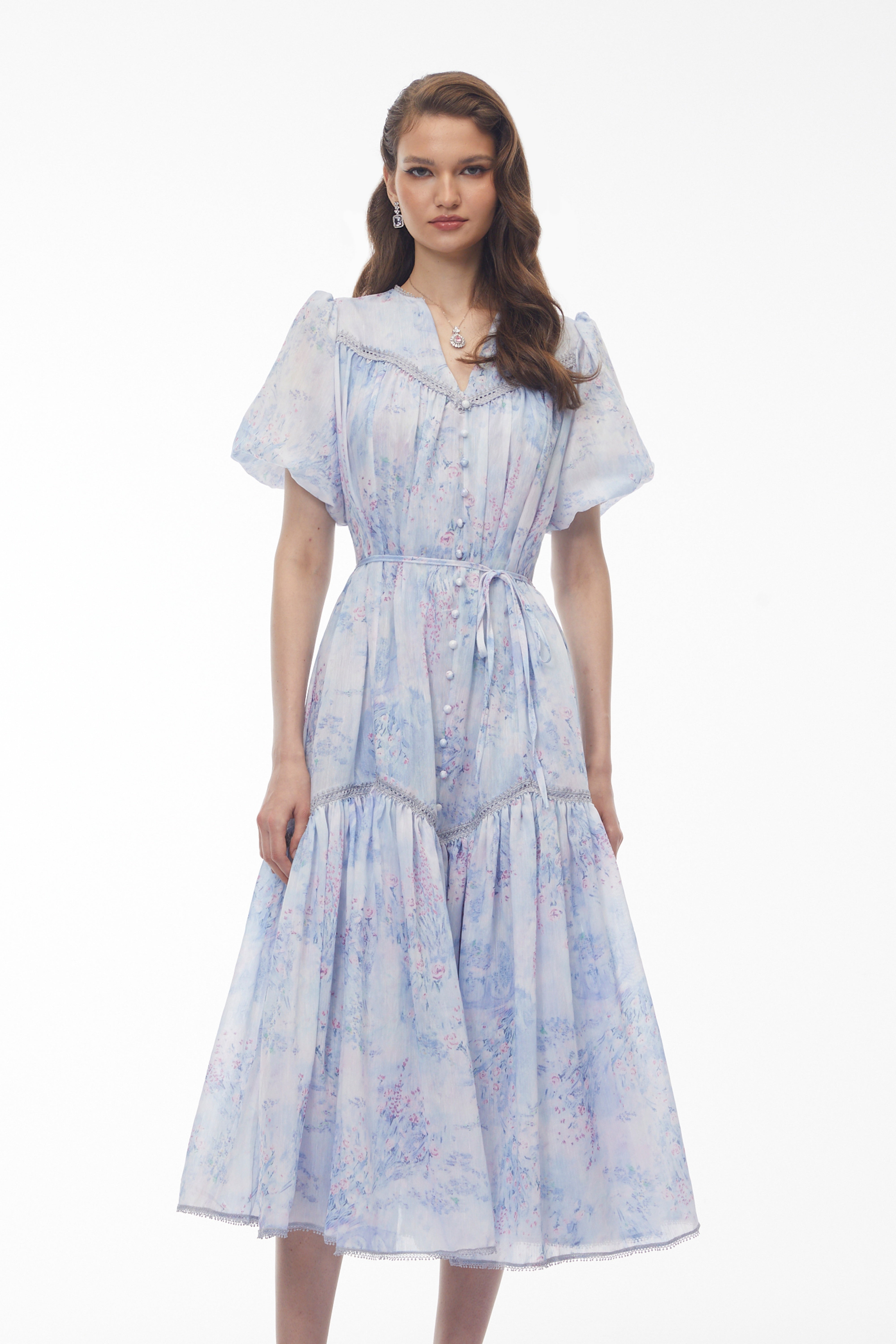 Beryl Blue Floral Print Ruched Midi Dress (Final Sale)