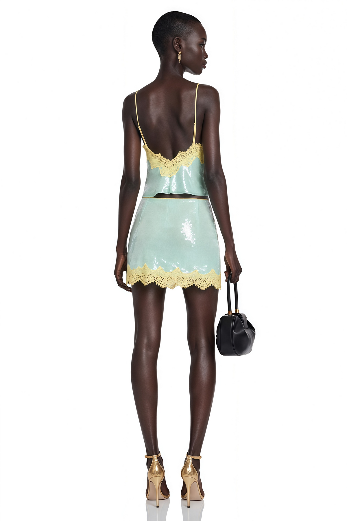 Beryl Green Sequin Top & Slit Skirt Set with Lace