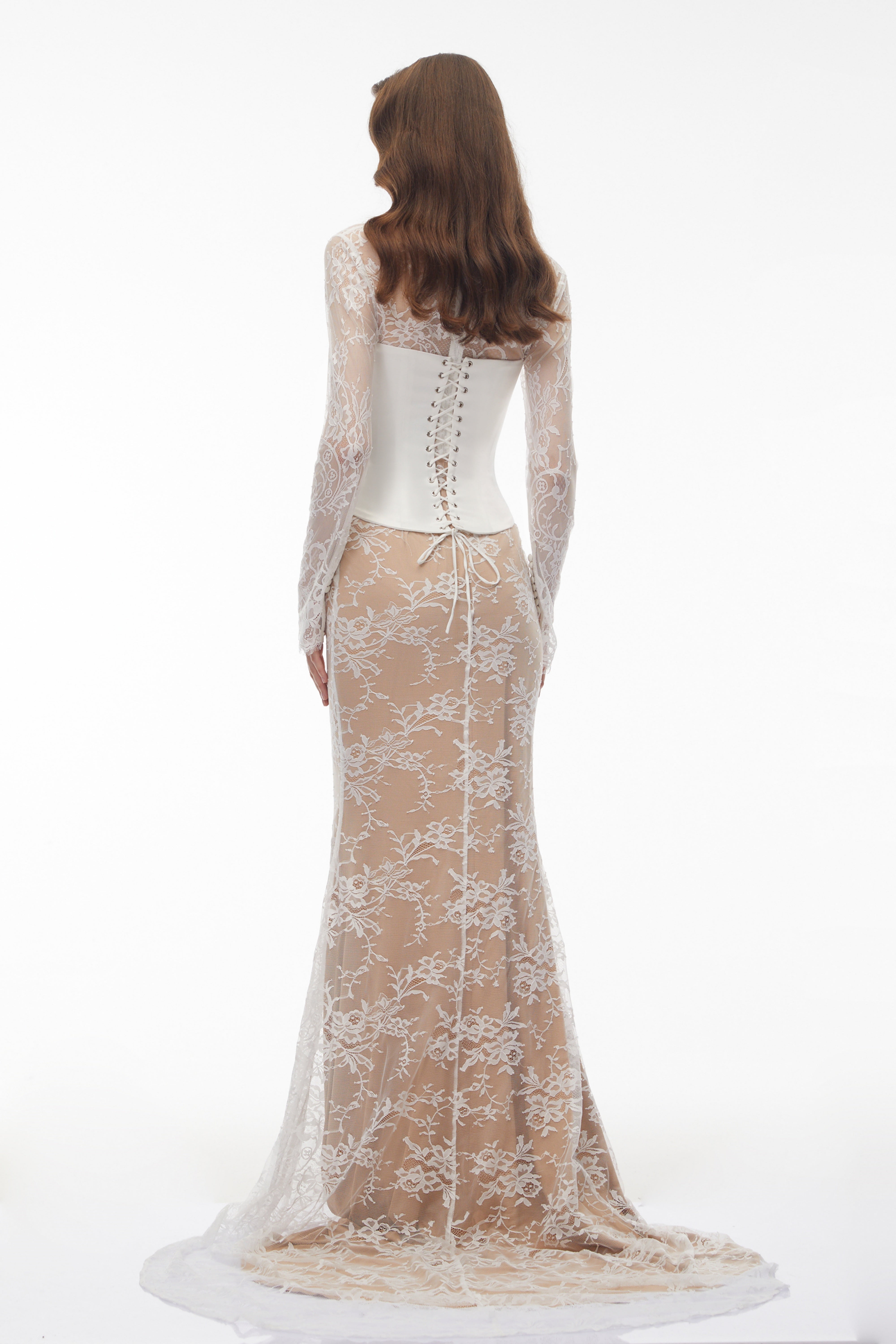 Bethany White Asymmetrical Lace Maxi Dress