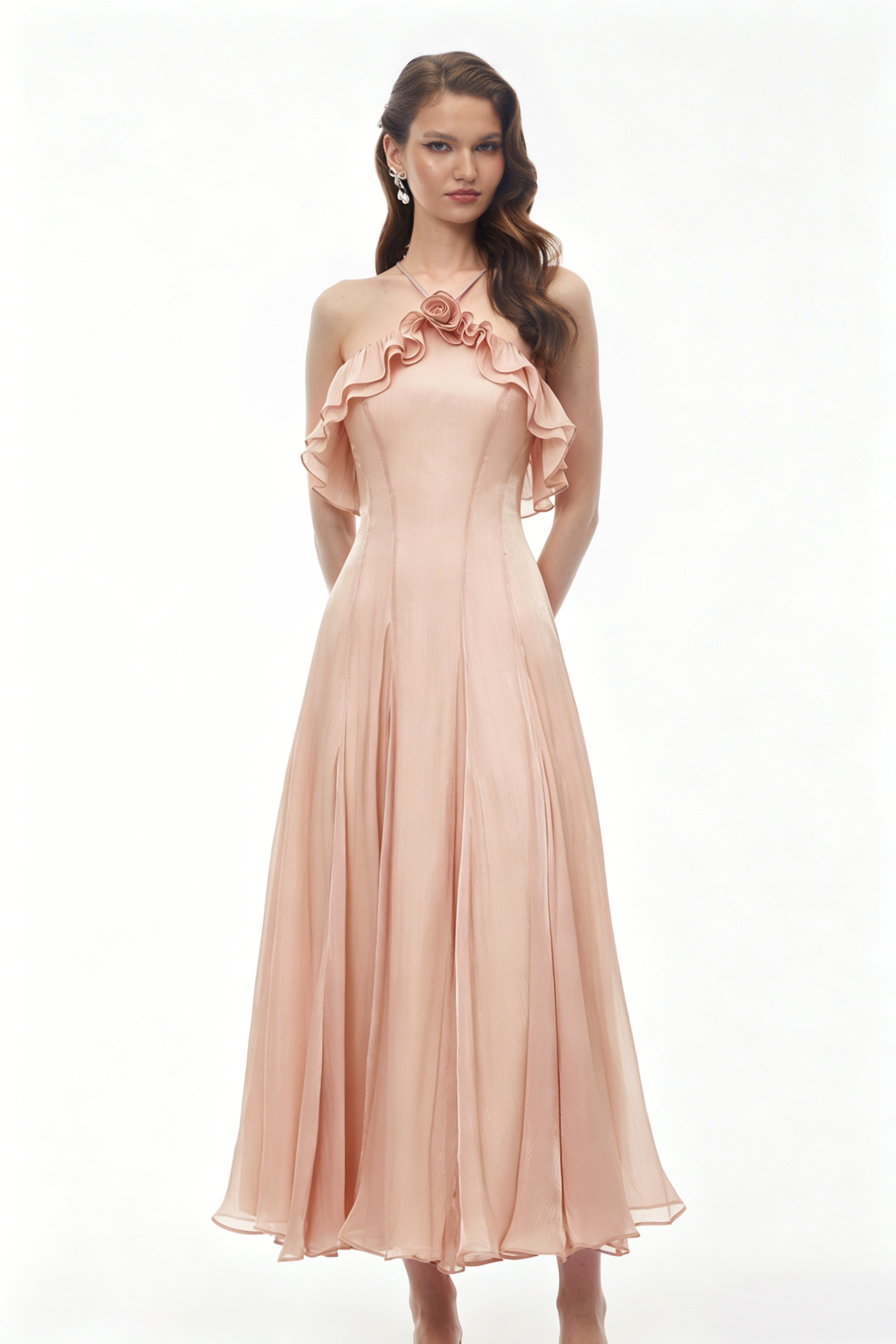 Bianka Pink Pleated Maxi Dress with 3D Florals