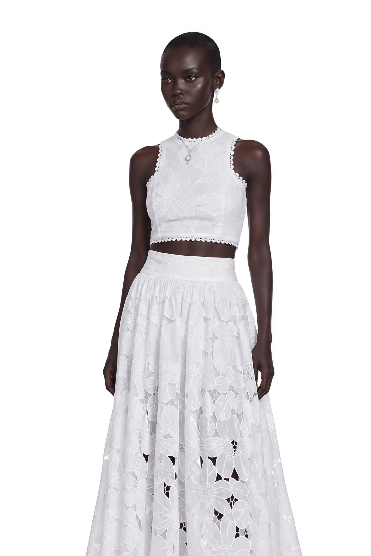 Bilun White Cut-Out Lace Top & Skirt Set