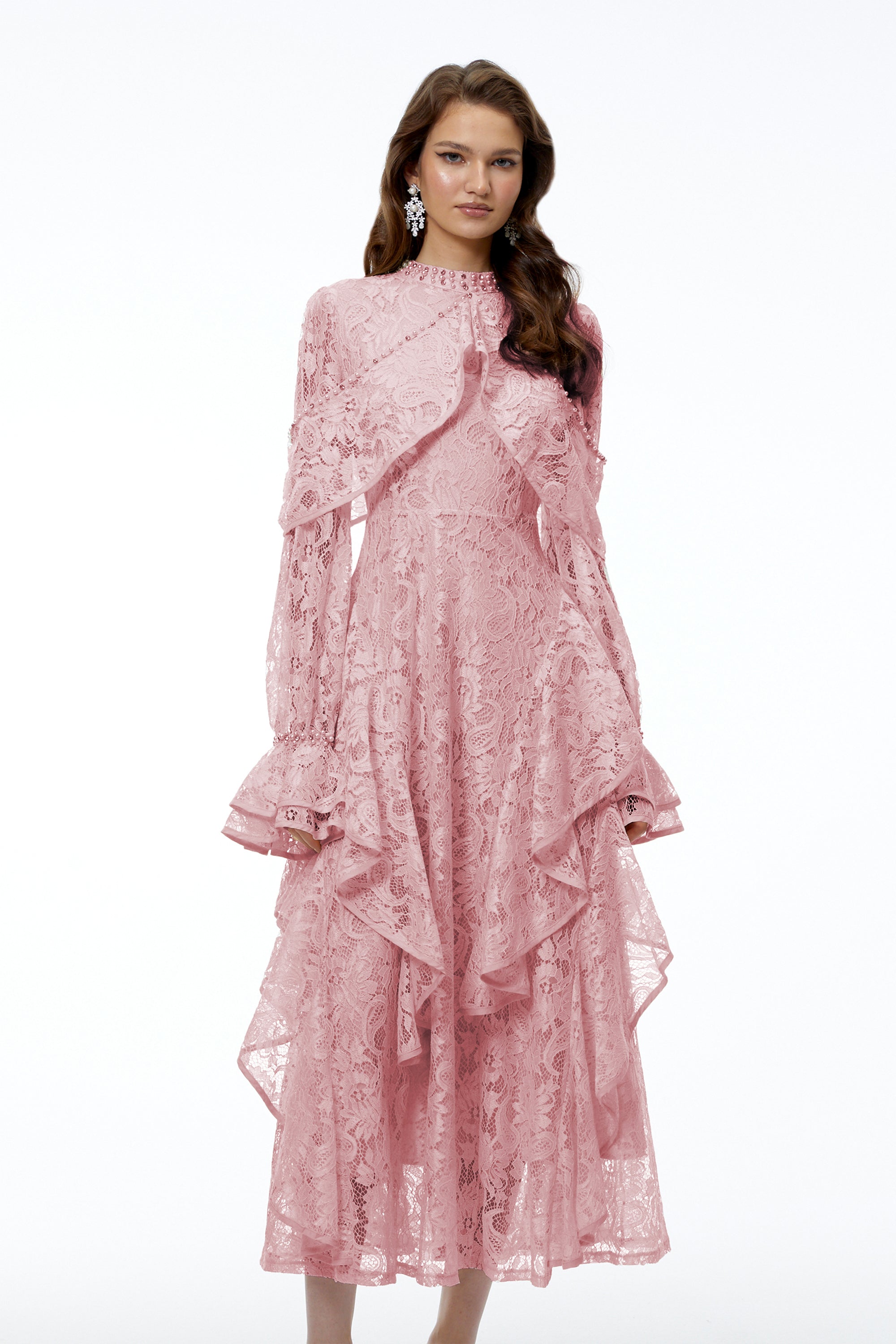 Blanche Pink Floral Lace Embellished Maxi Dress