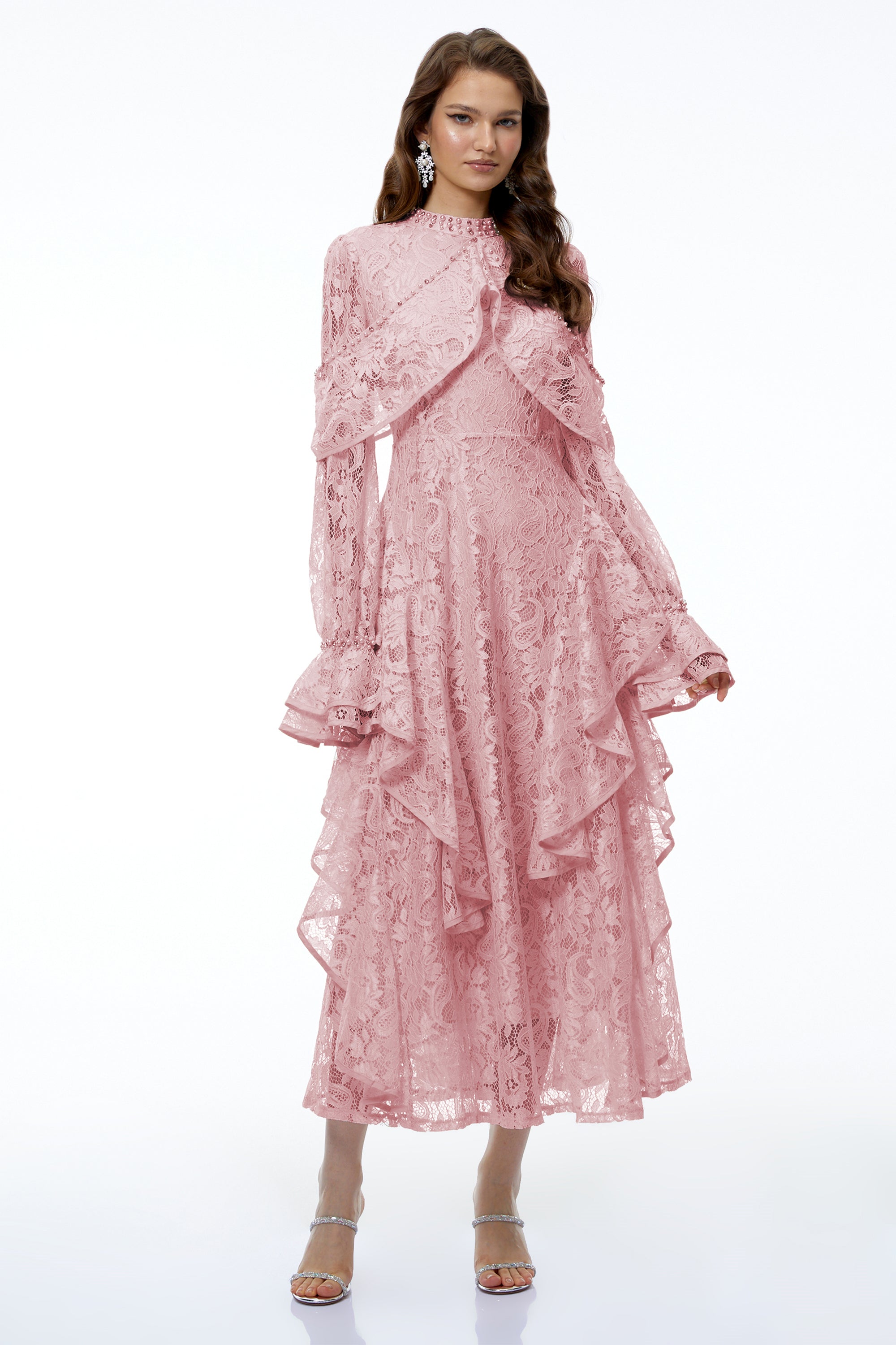 Blanche Pink Floral Lace Embellished Maxi Dress