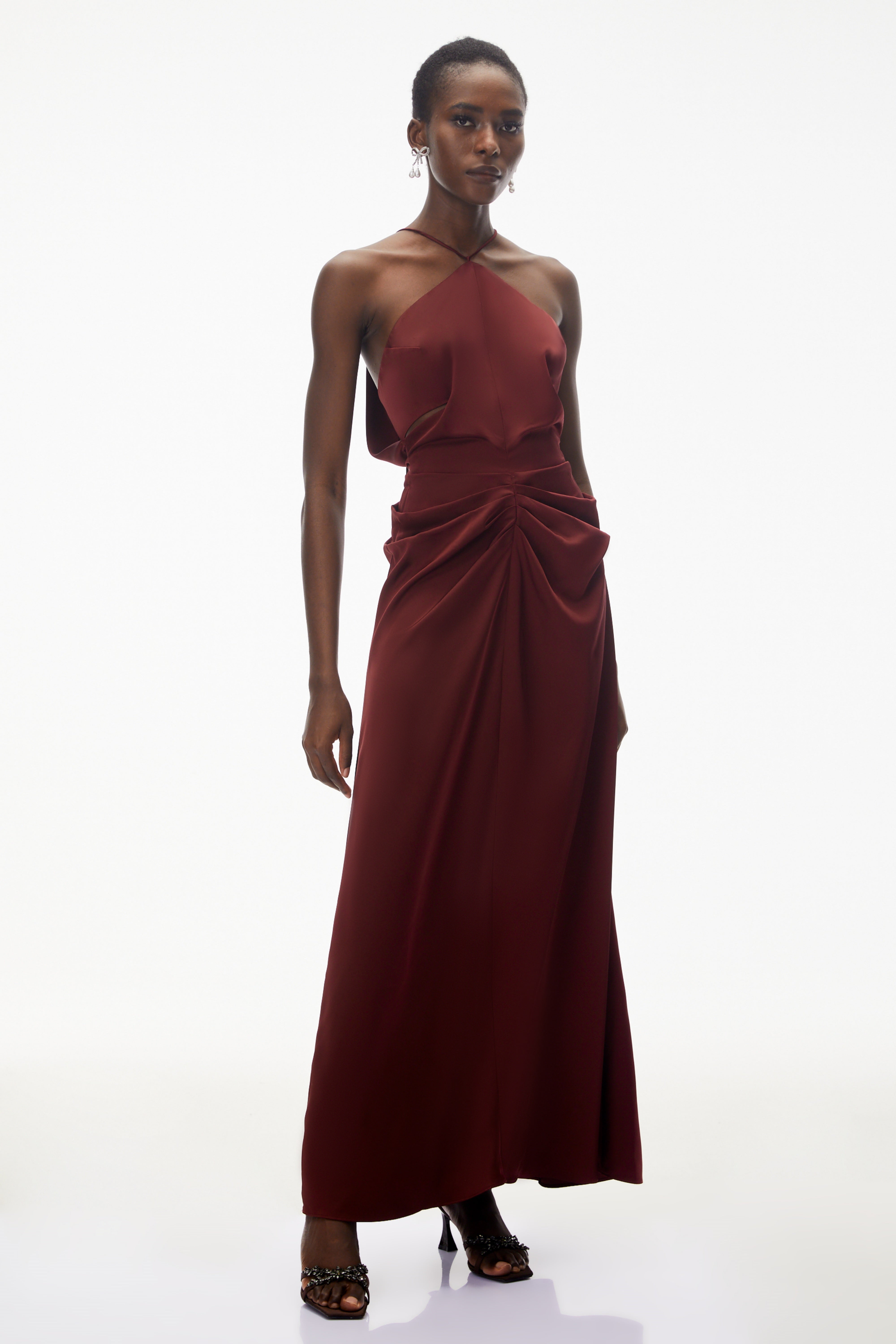 Bozhena Red Halterneck Ruched Maxi Dress