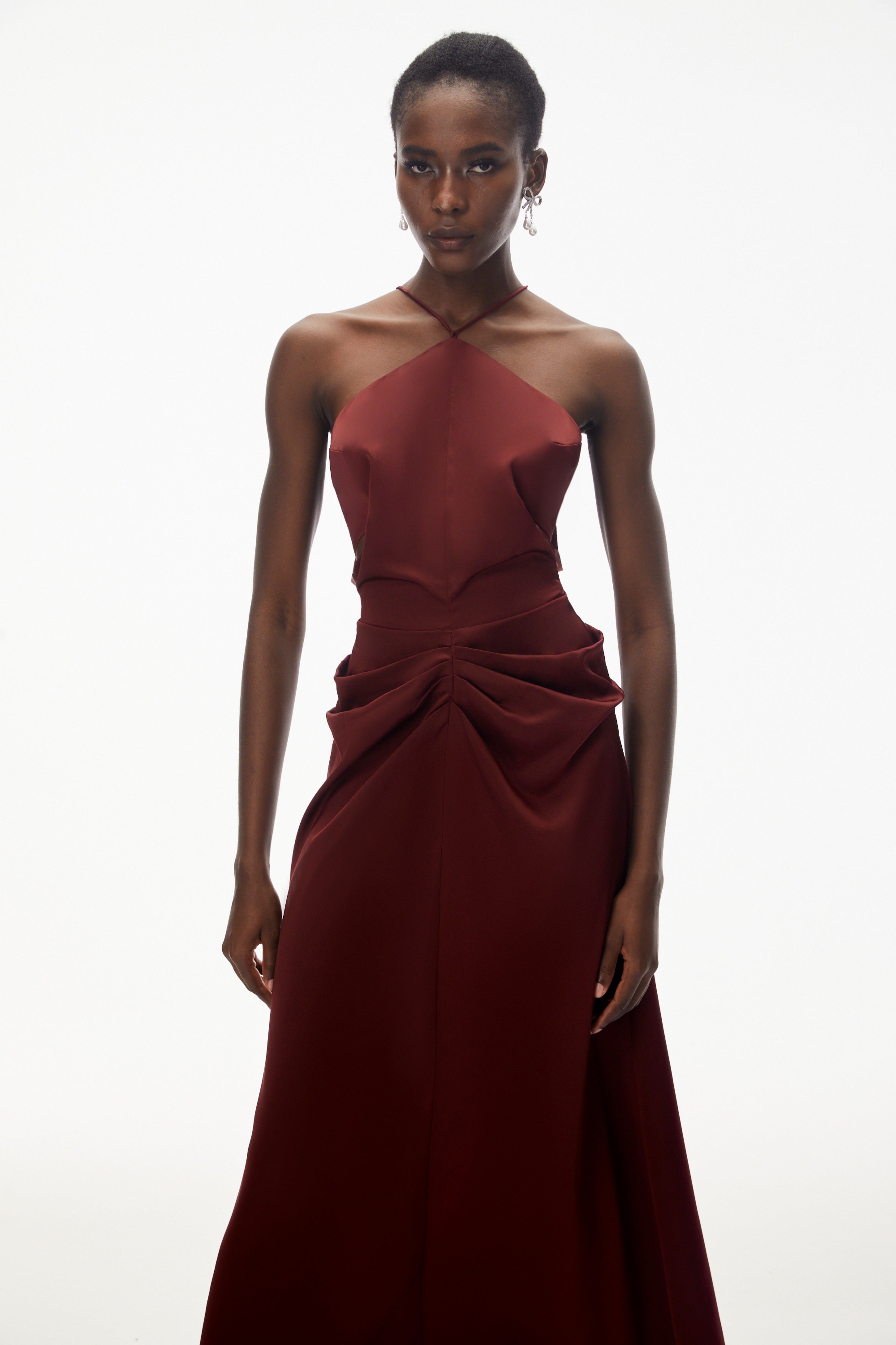 Bozhena Red Halterneck Ruched Maxi Dress