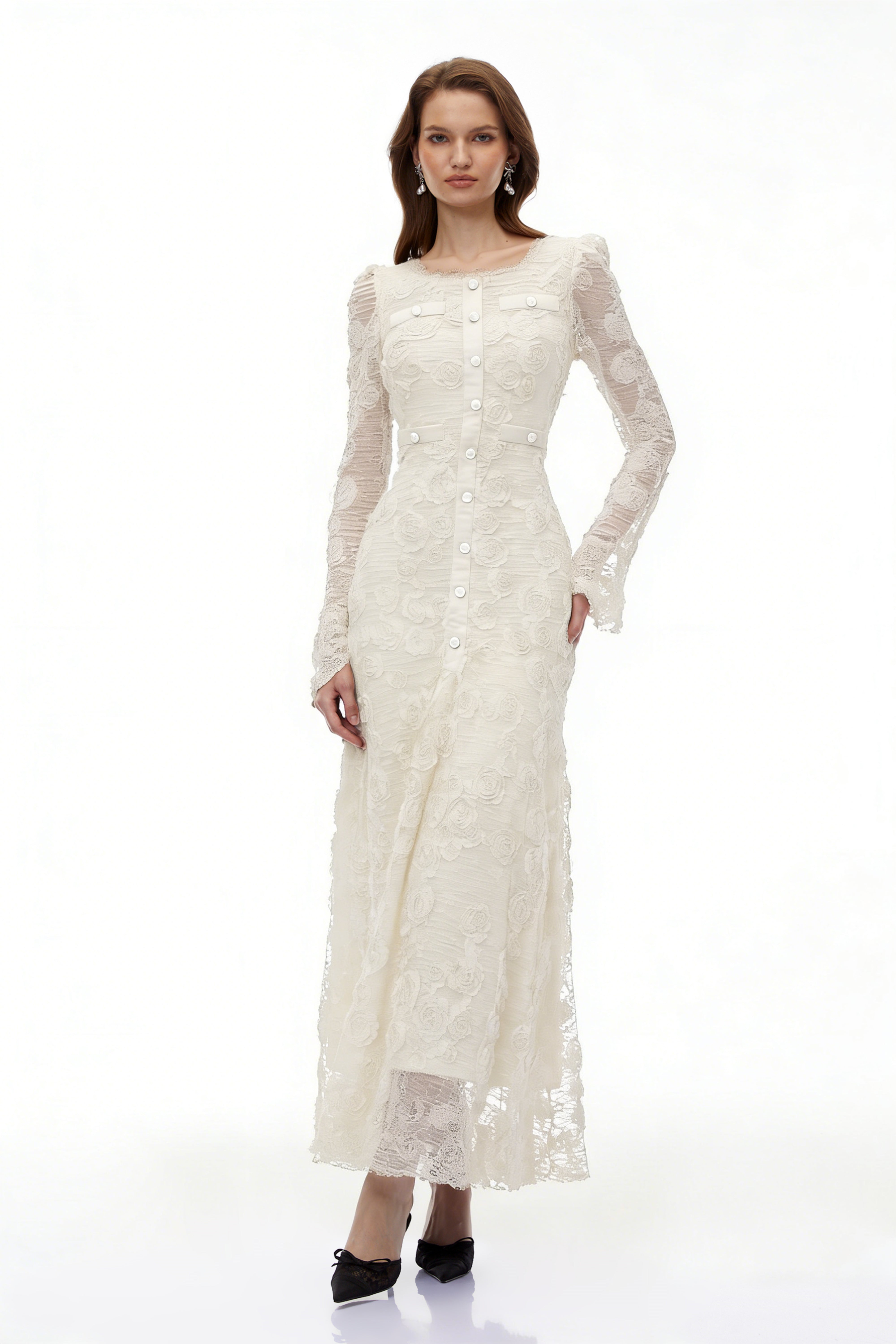 Branwen Neutral 3D-Floral Embroidered Lace Maxi Dress