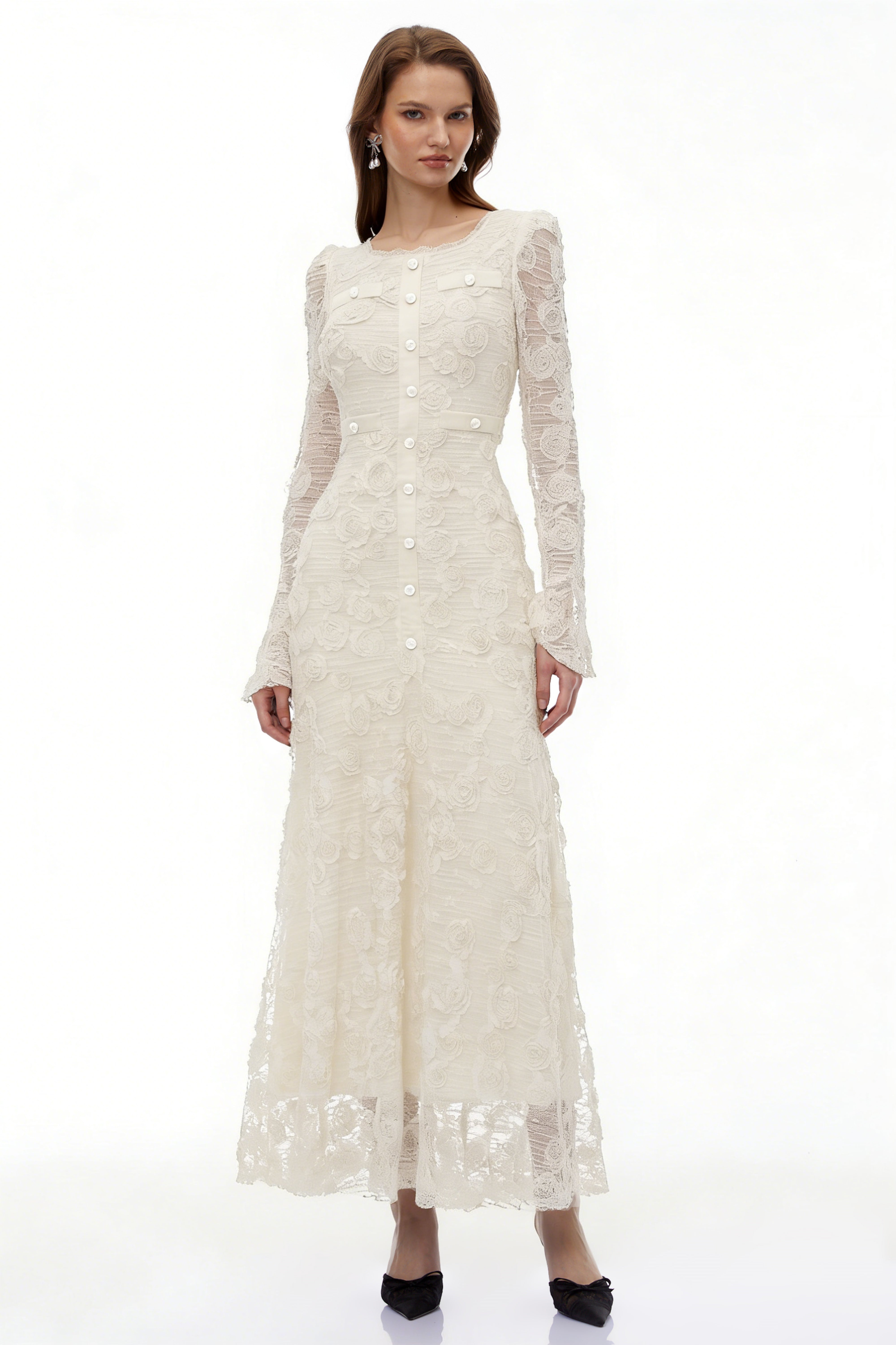 Branwen Neutral 3D-Floral Embroidered Lace Maxi Dress