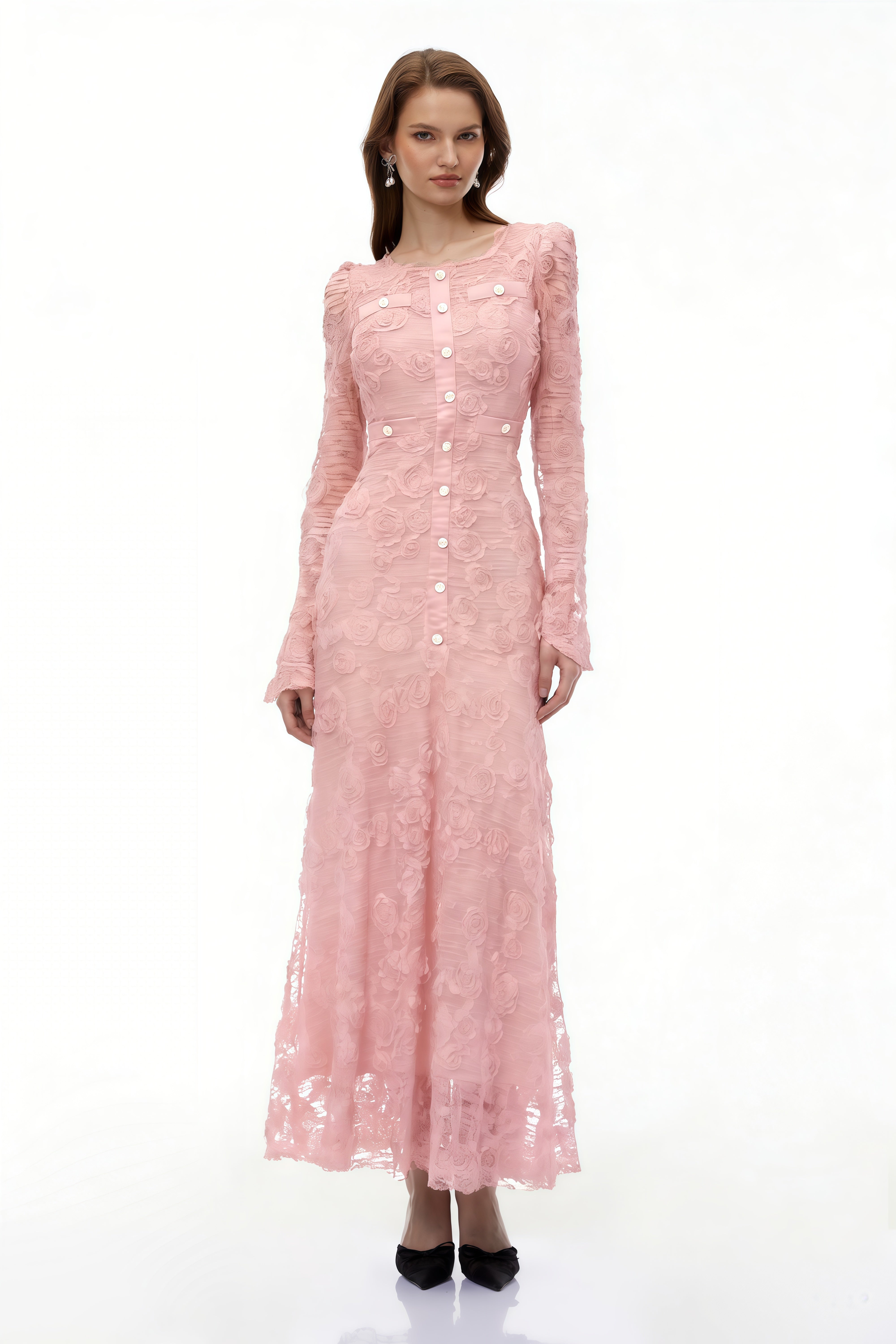 Branwen Pink 3D-Floral Embroidered Lace Maxi Dress