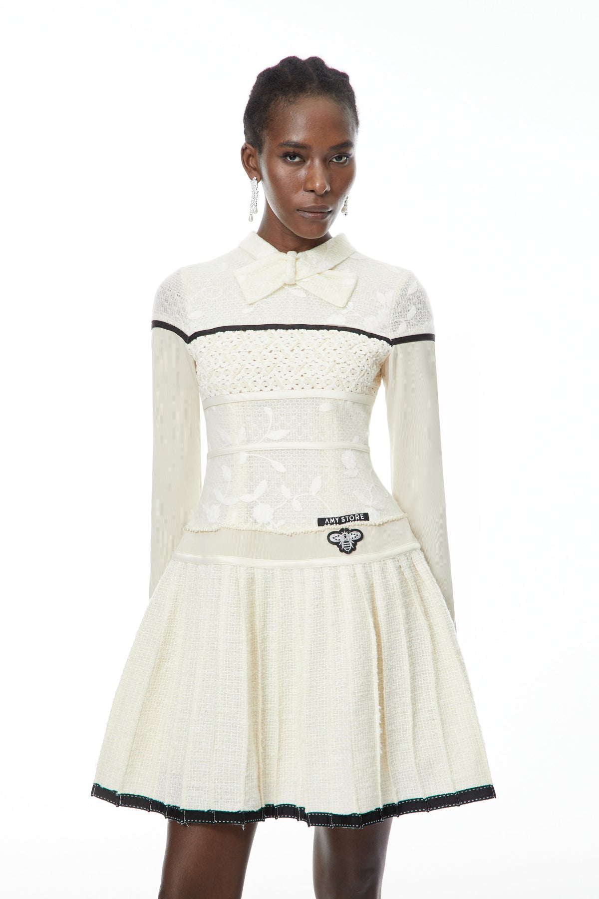Bridget White Pleated Mini Dress with Bow-Tie
