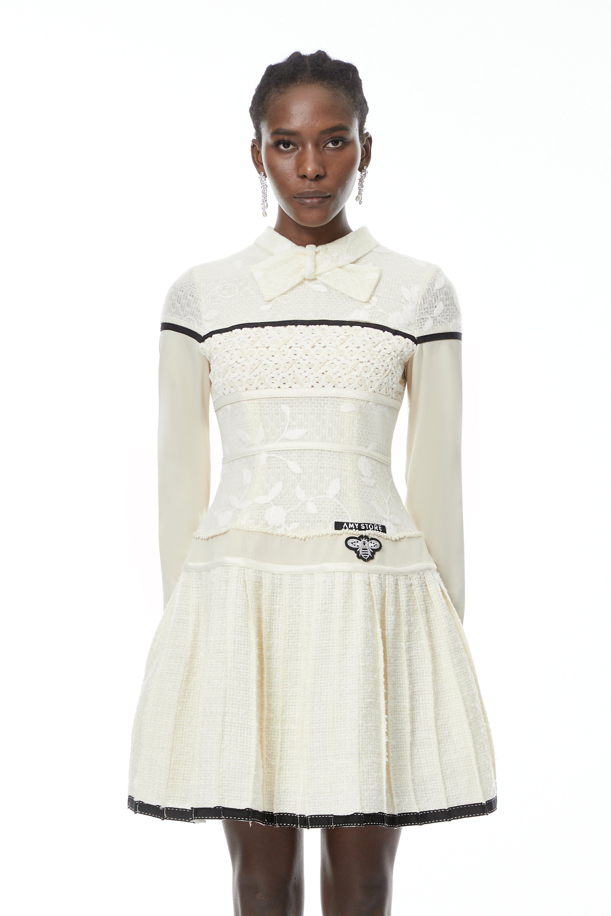 Bridget White Pleated Mini Dress with Bow-Tie (Final Sale)