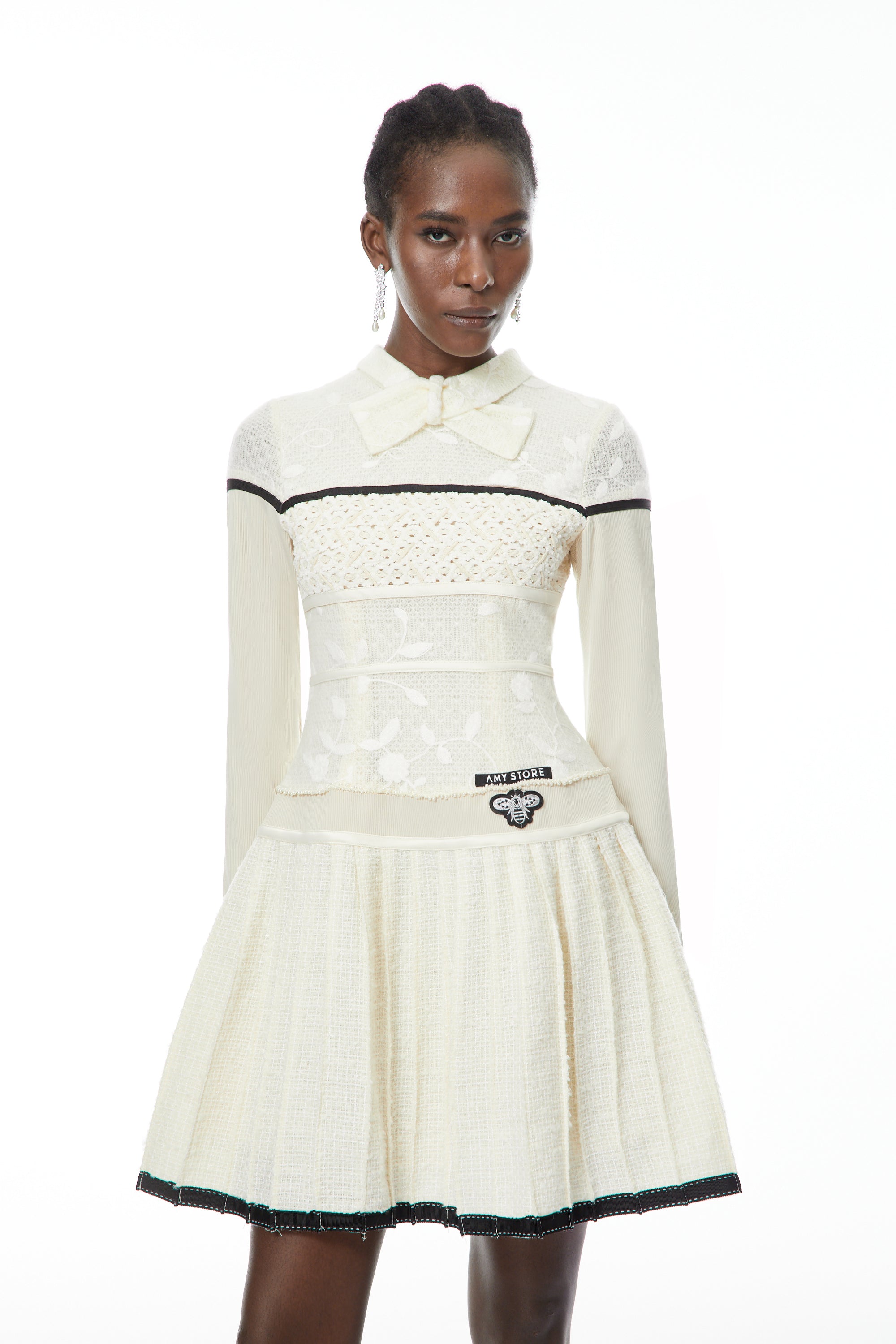 Bridget White Pleated Mini Dress with Bow-Tie (Final Sale)