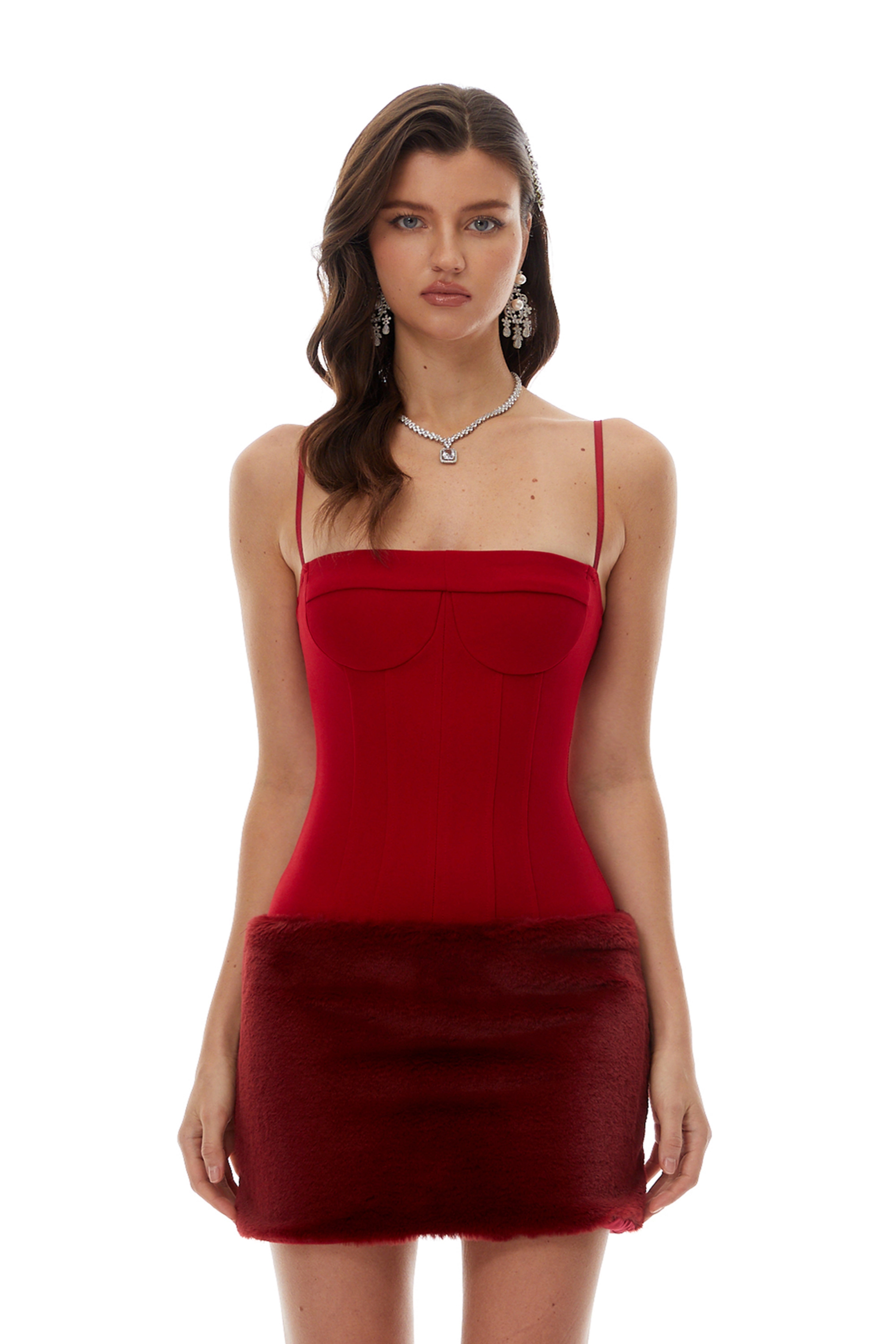 Brielle Red Faux-Fur Panel Mini Dress (Final Sale)