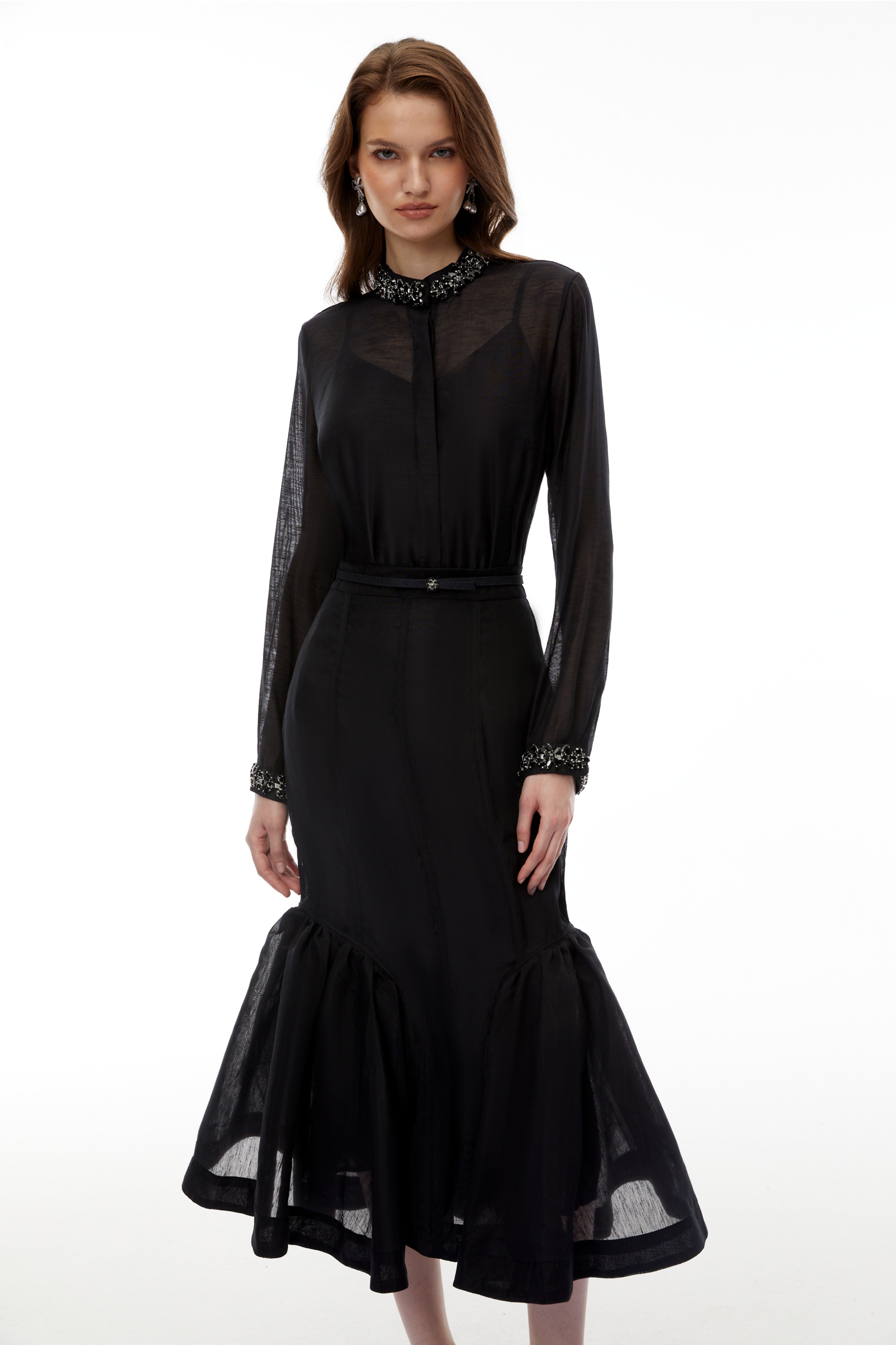 Briseis Black Chiffon Draped Blouse & Mermaid Skirt Set