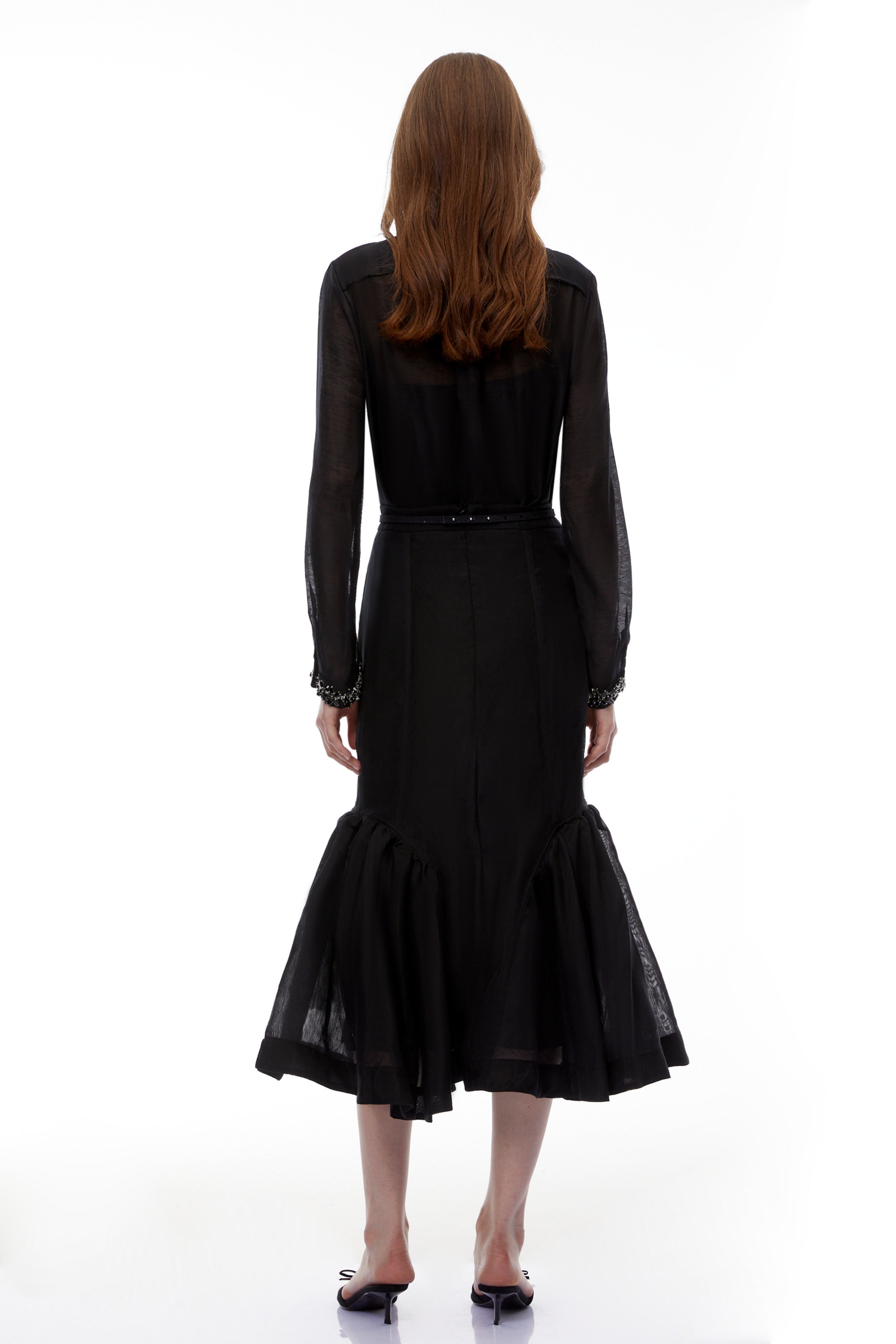 Briseis Black Chiffon Draped Blouse & Mermaid Skirt Set