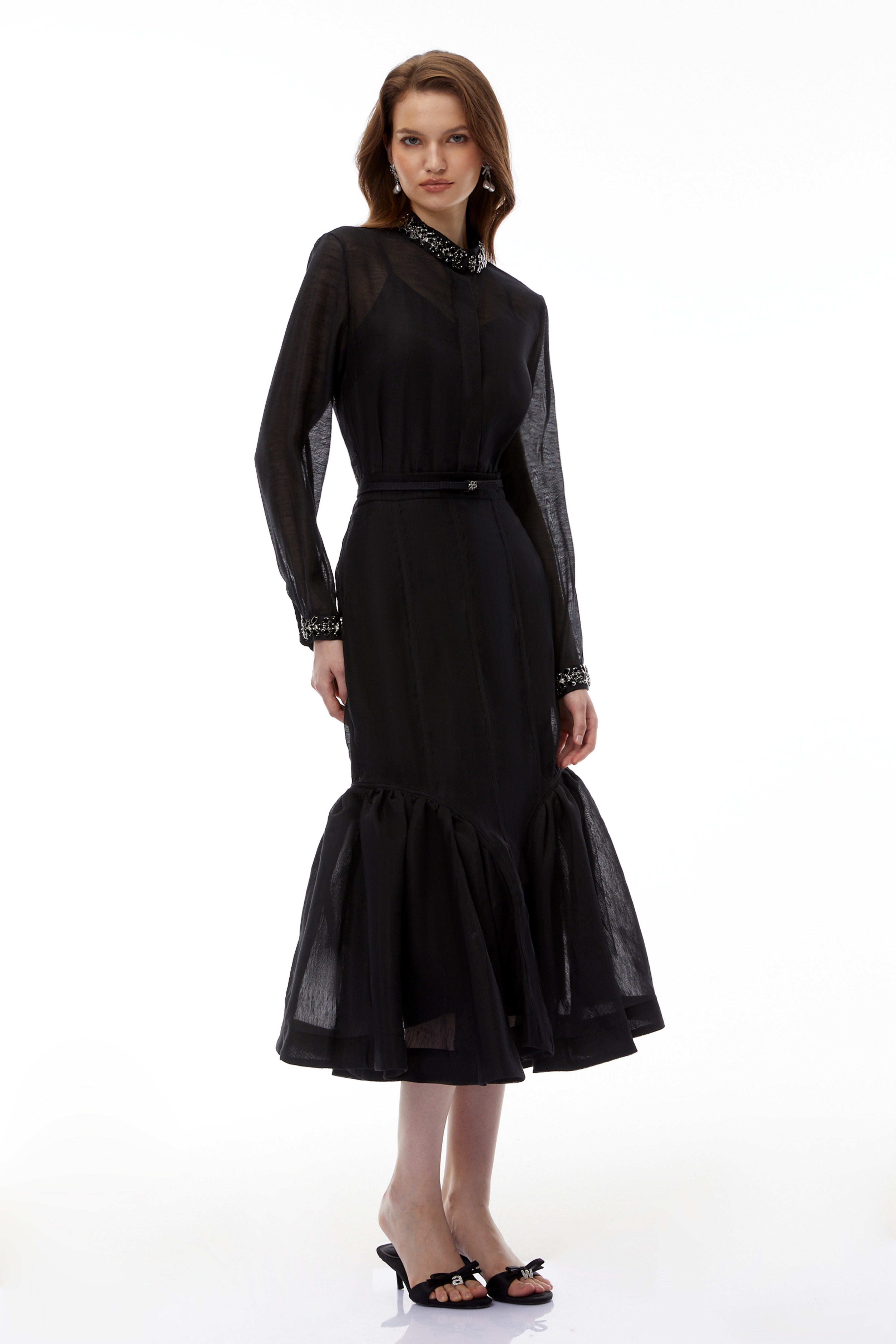 Briseis Black Chiffon Draped Blouse & Mermaid Skirt Set