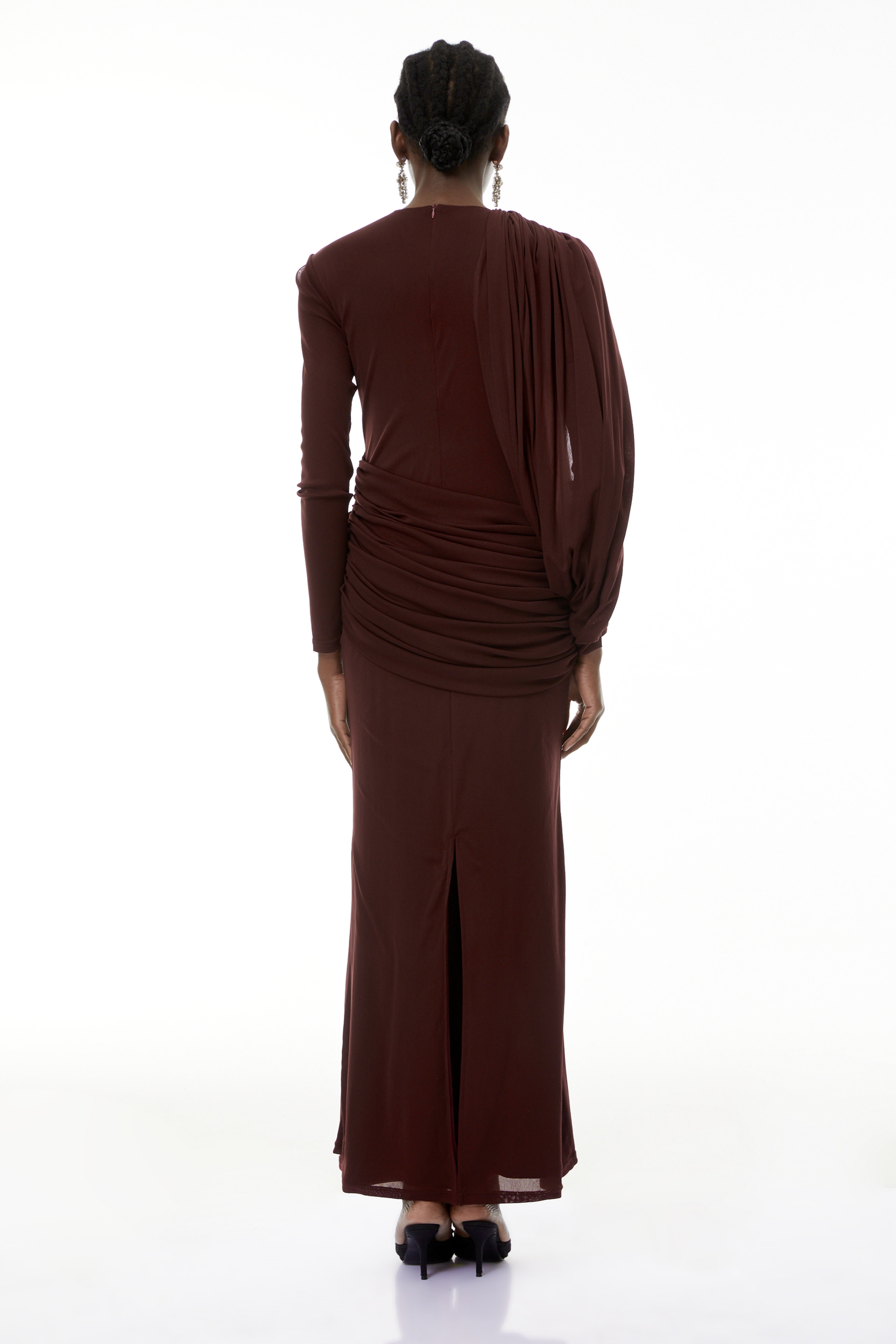 Briseis Russet Asymmetrical Ruched Maxi Dress