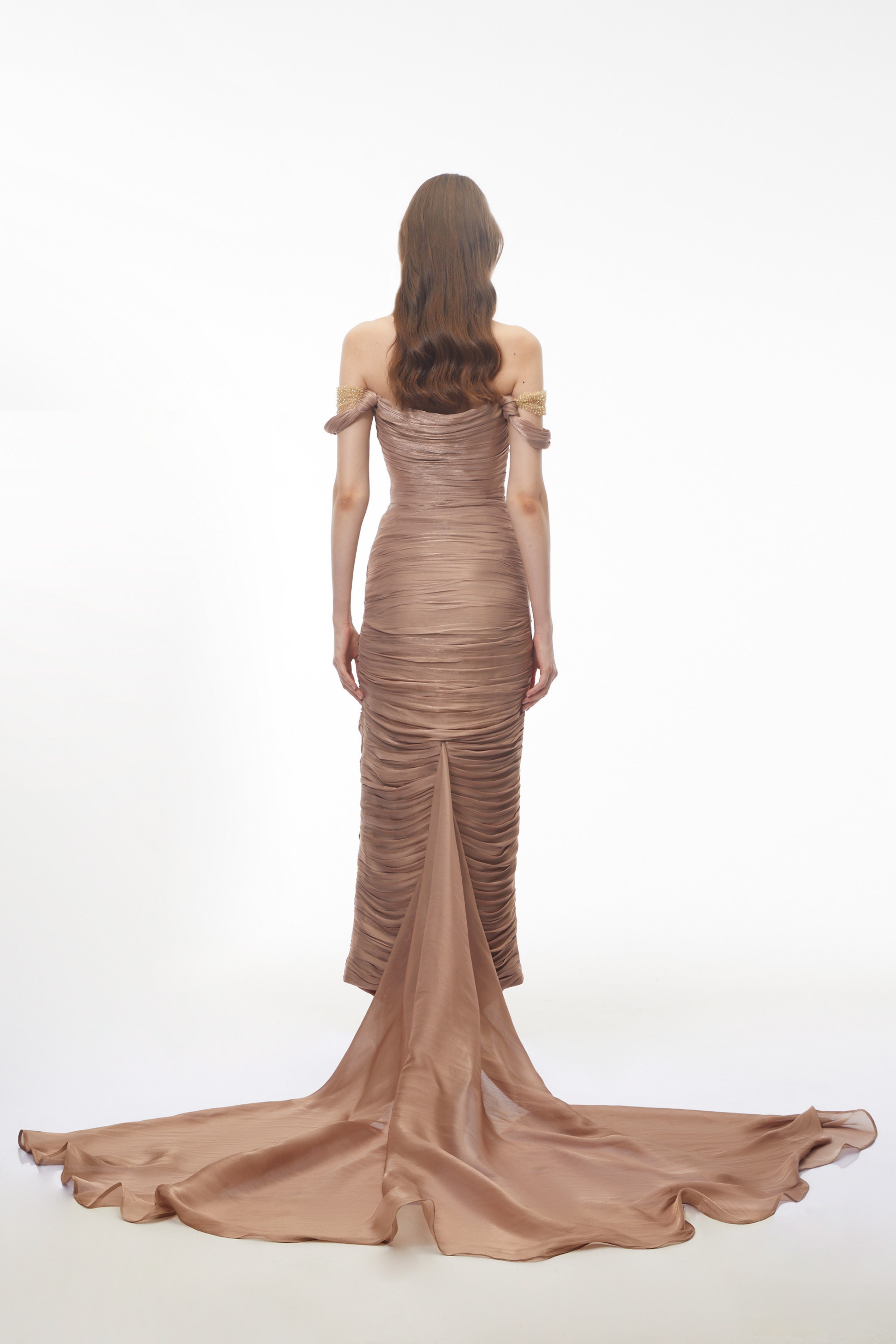 Bruna Gold Embellished Ruched Asymmetrical Maxi Dress