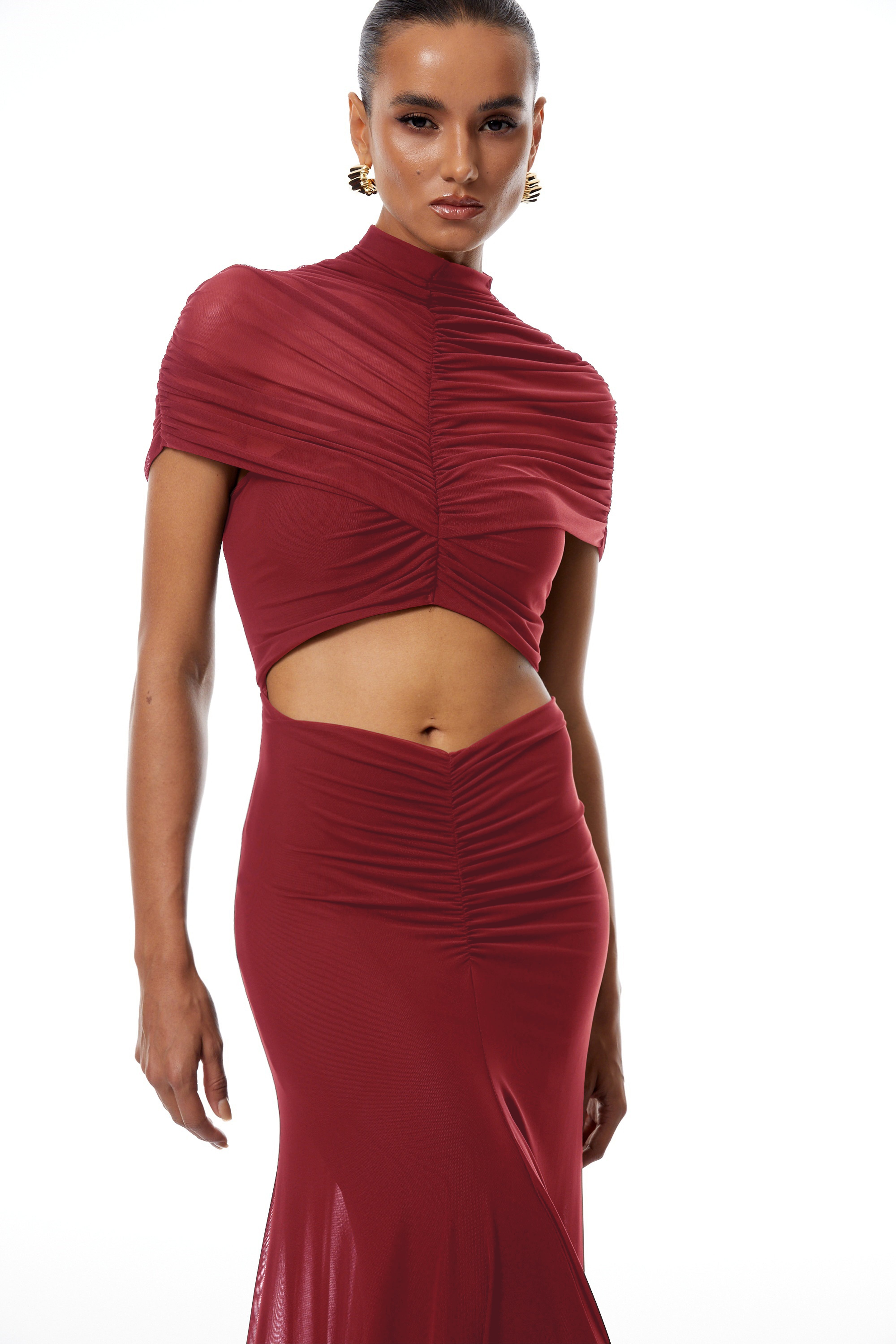 Bruna Red Cut-Out Ruched Mesh Maxi Dress