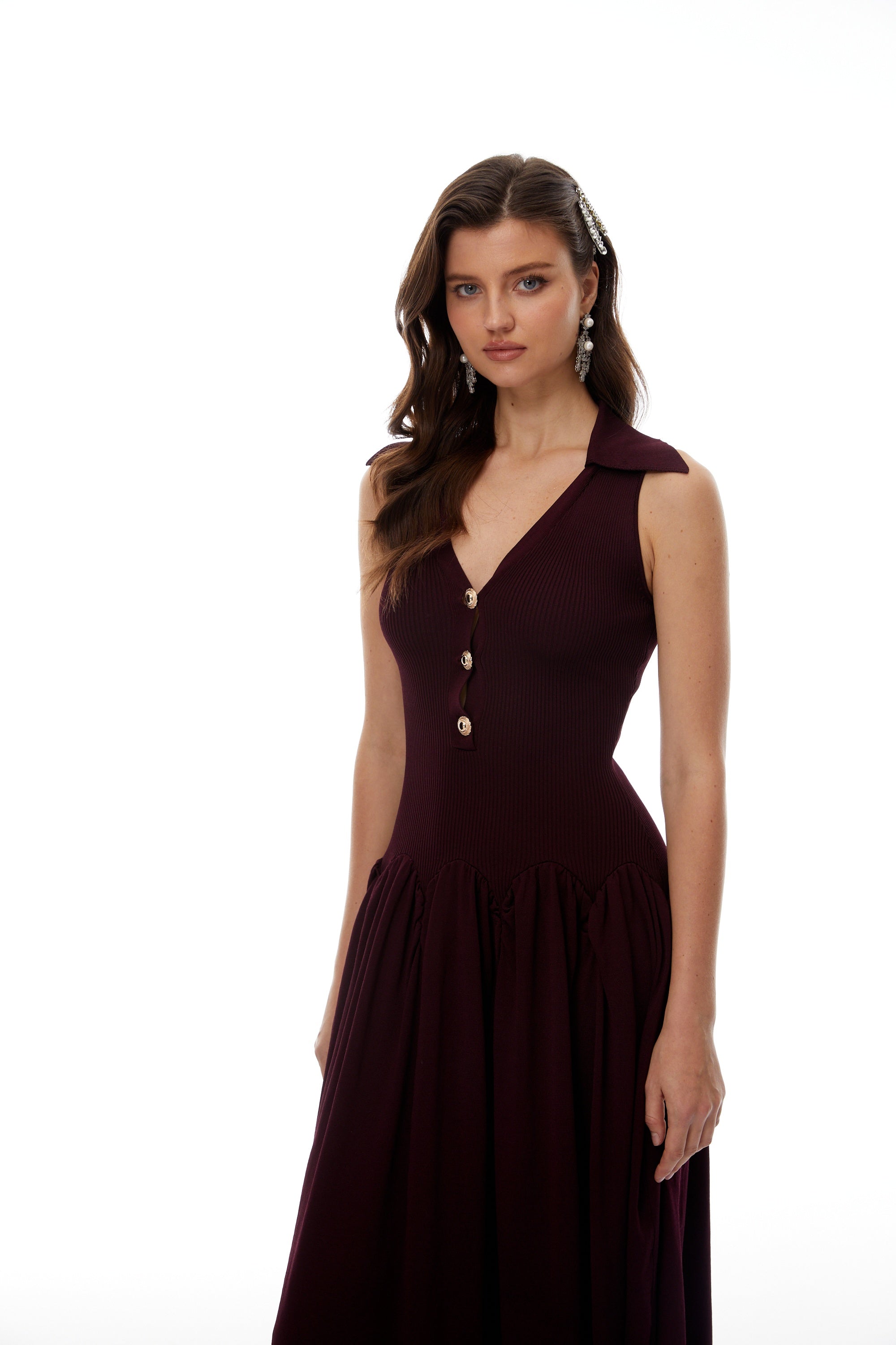Brynhildur Burgundy Sleeveless Knit Maxi Dress (Final Sale)