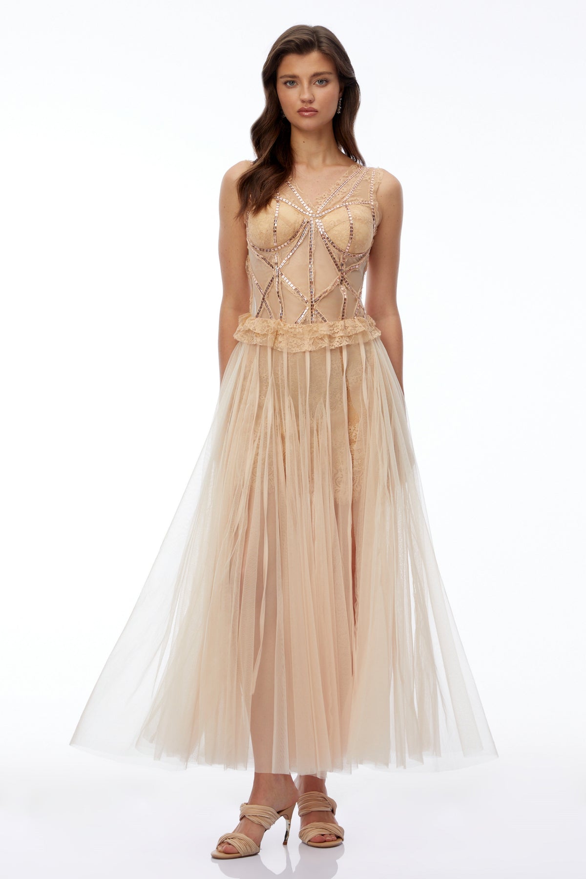 Bryony Champagne Floral Lace Mesh Maxi Dress
