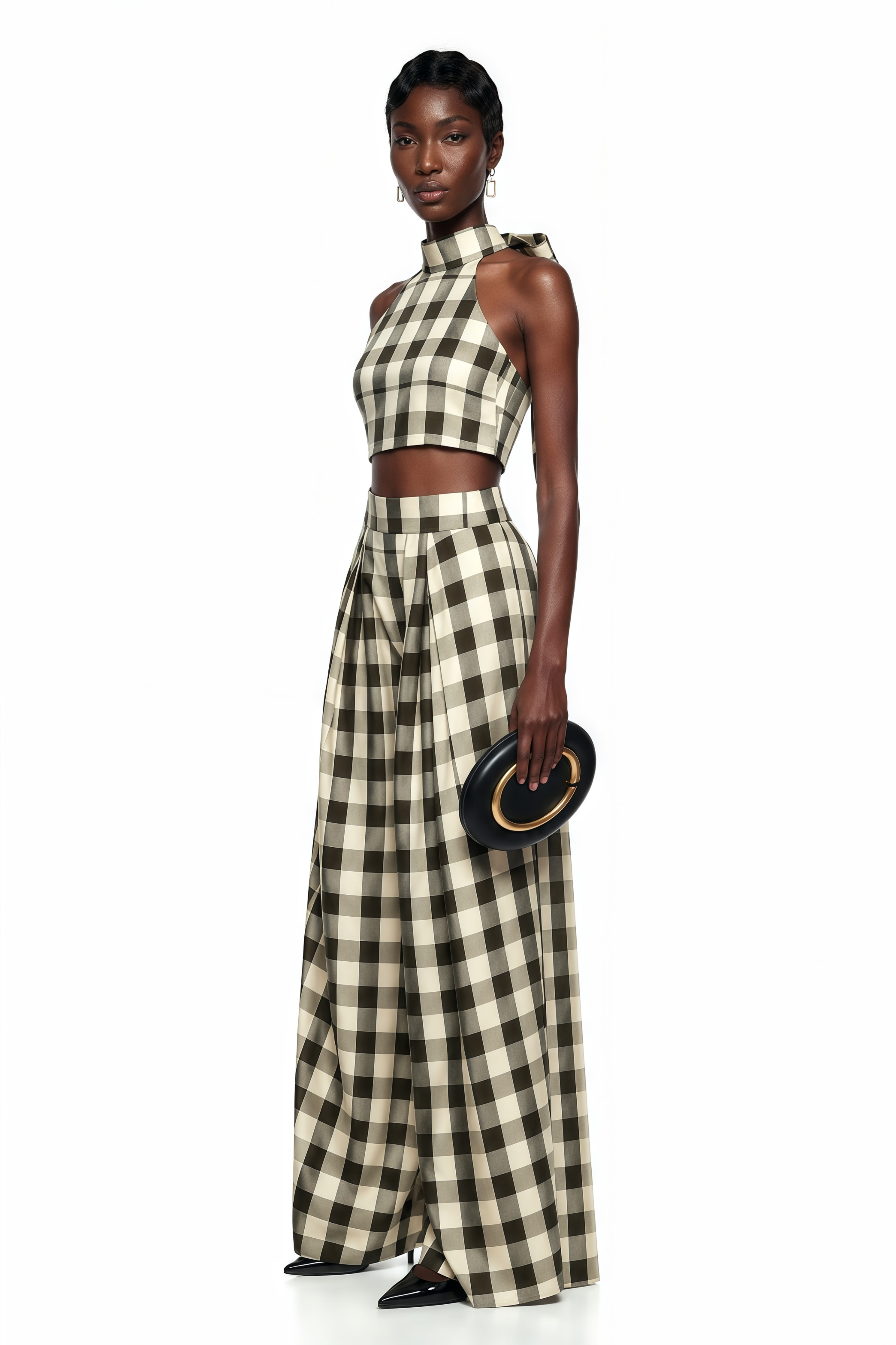 Buket Brown Plaid Top & Barrel Leg Trouser Set