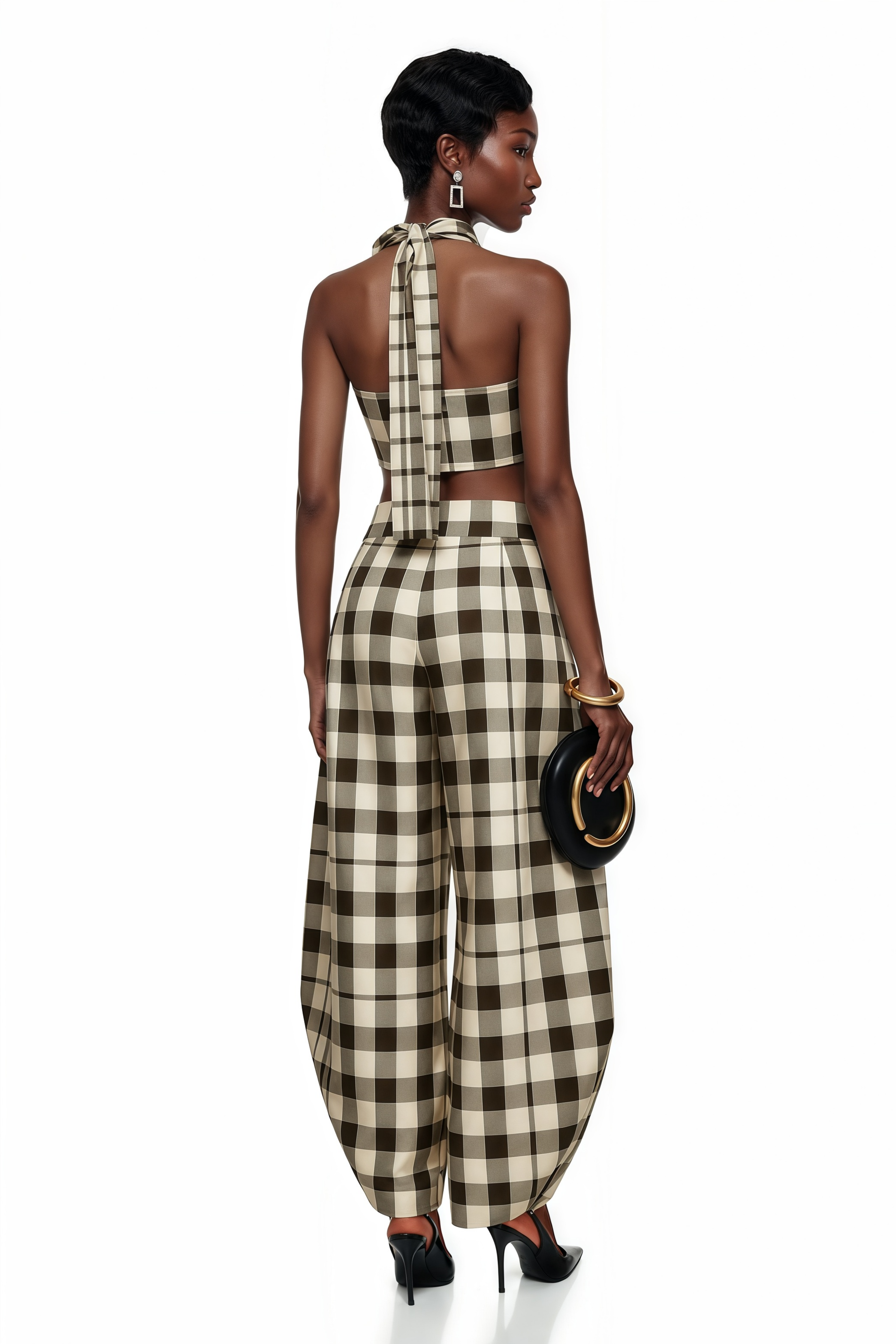 Buket Brown Plaid Top & Barrel Leg Trouser Set