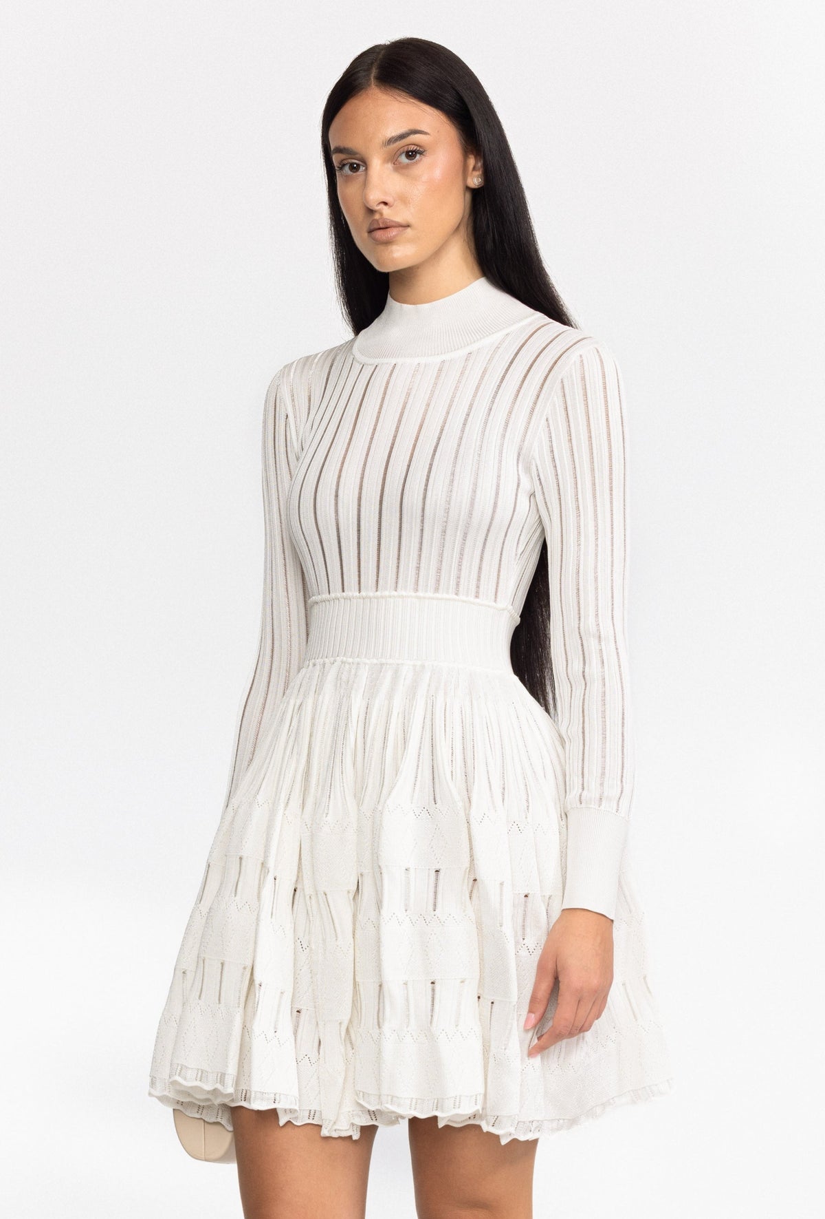 Sheer Ladder Knit Long Sleeve Skater Mini Dress - White