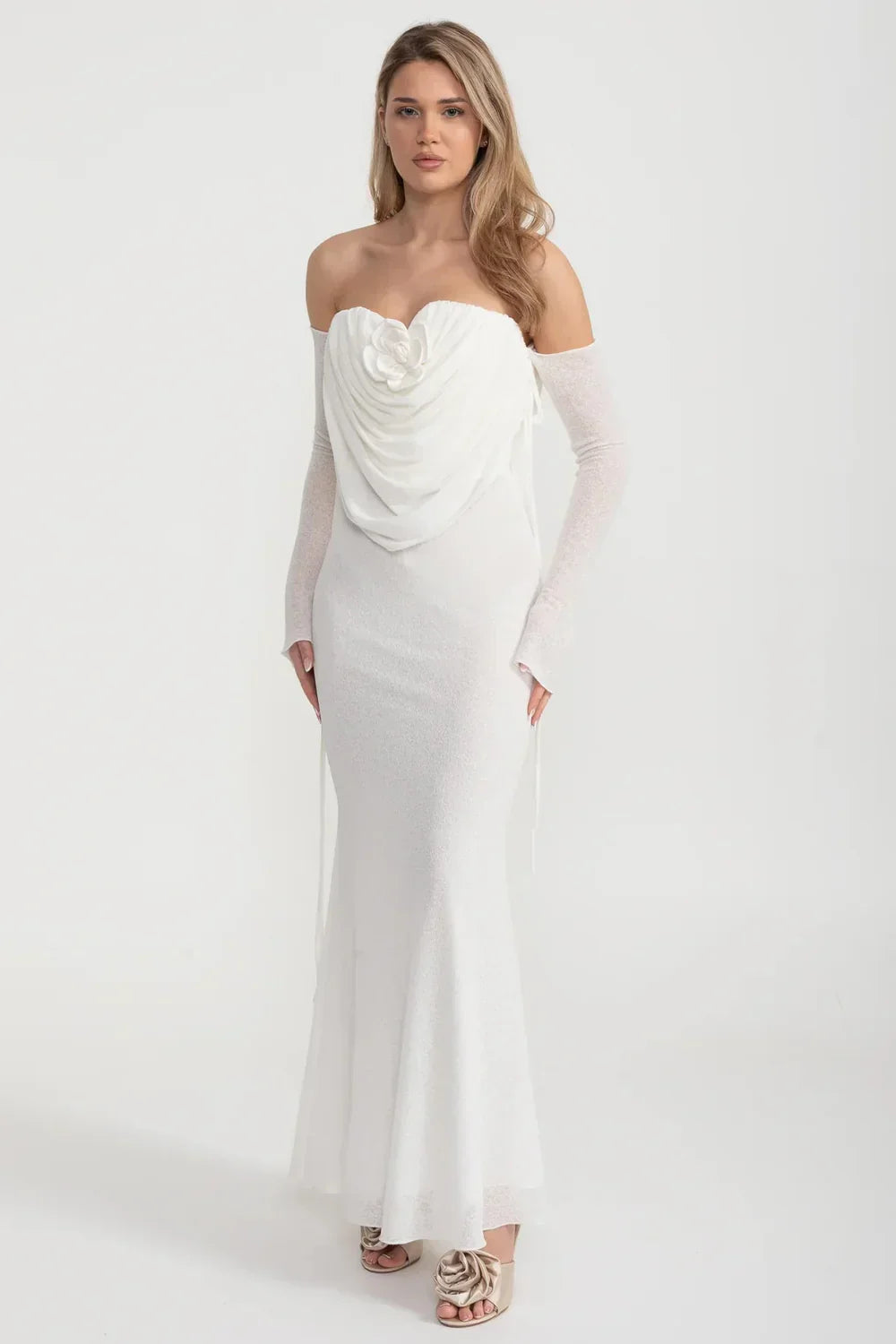 Elegant Flowing Dress With Long Sleeves, Top Draping And Central Rose Adornment - White