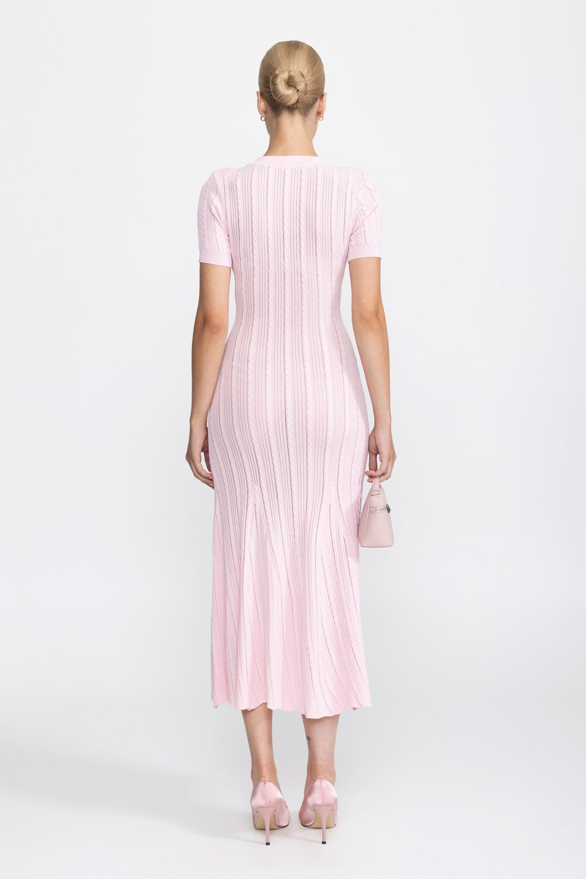 Cable Knit Jewel-Button Midi Dress - Pink