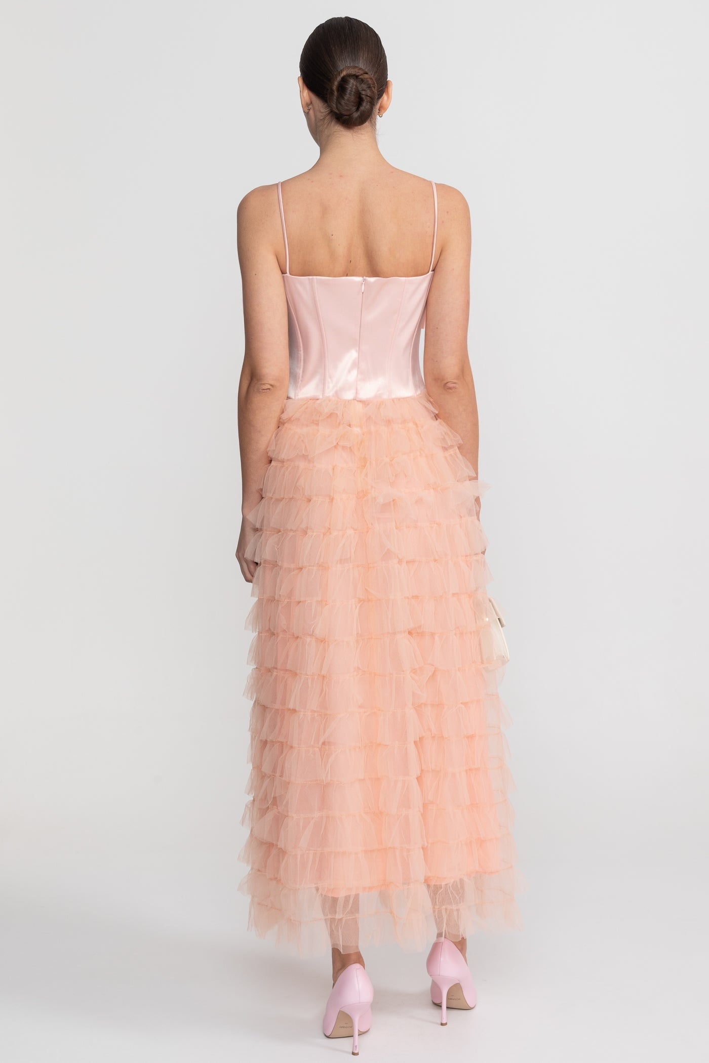 Satin Bow Strap Maxi Dress With Tiered Tulle Skirt - Blush Pink