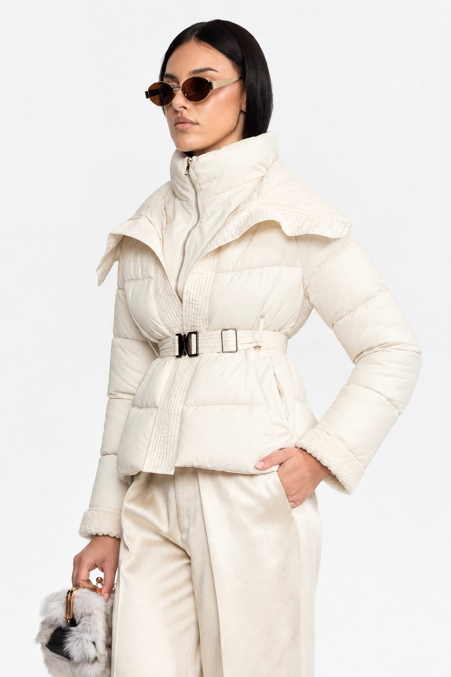 Odile Belted Puffer Jacket with Teddy Collar - Ivoire