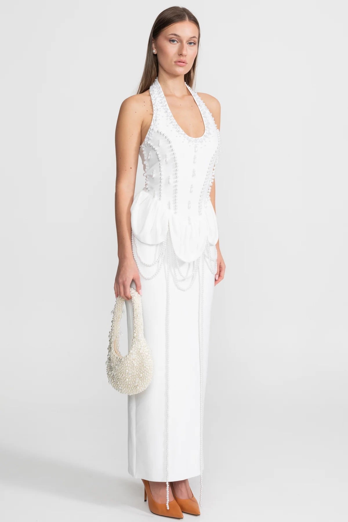 Embellished Halter Maxi Dress With Gathered Peplum Detail – White