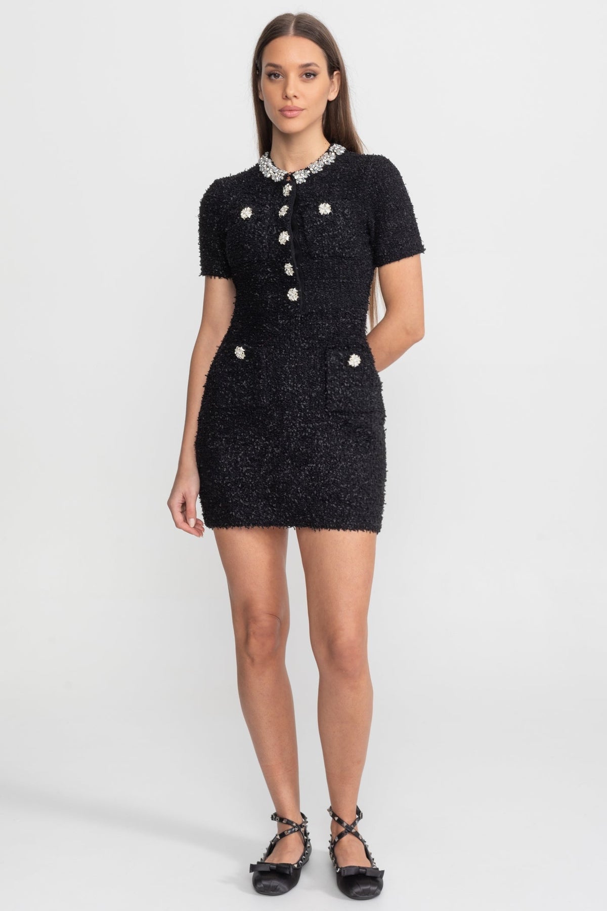 Claudette Black Embellished Tweed Mini Dress with Crystal Button Details