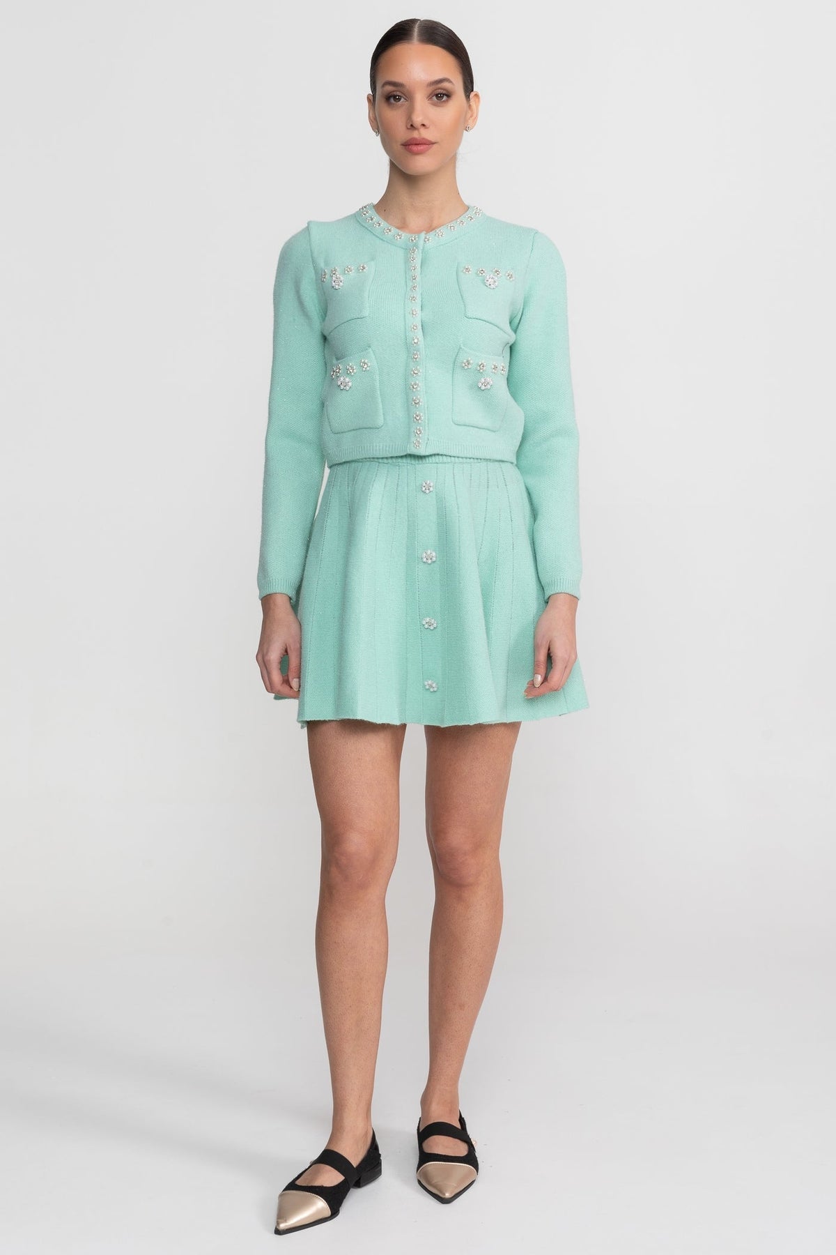 Delphine Teal Knit Co-Ord Set With Long Sleeve Cardigan And Matching Mini Skirt