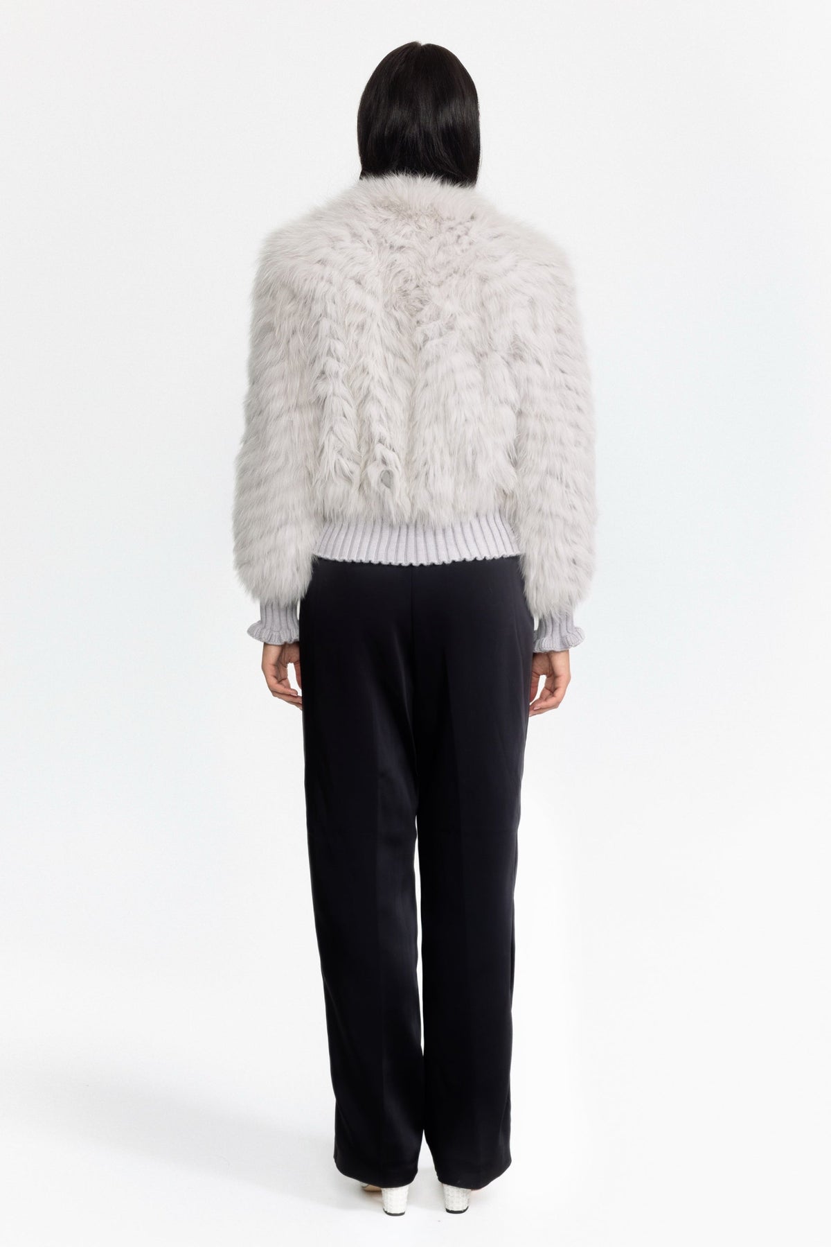 Knitted Fox Fur Bomber Jacket with Tie Neck - Grey