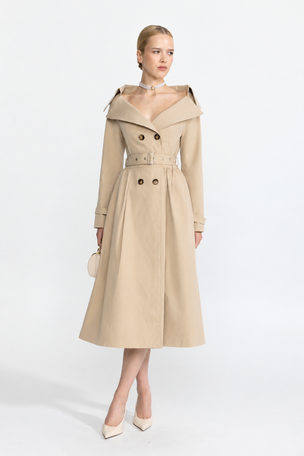 Ariane Beige Off-Shoulder Collar Belted Trench Dress