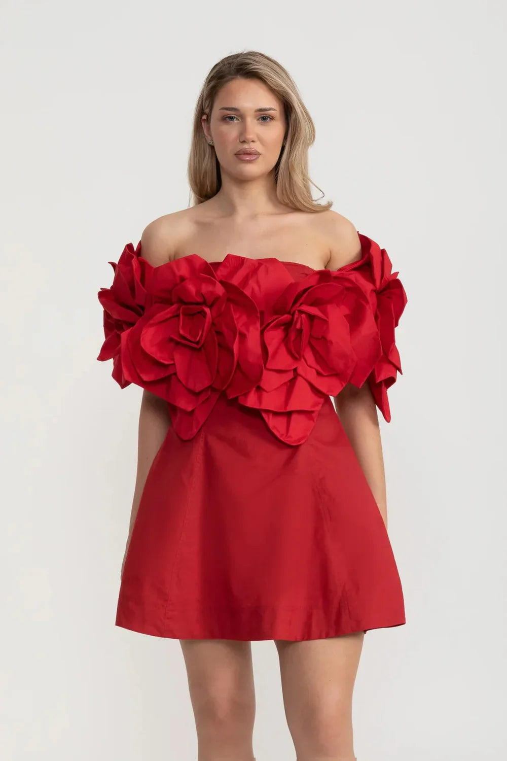 Off-Shoulder Mini Dress With Large Fabric Floral Accents - Red