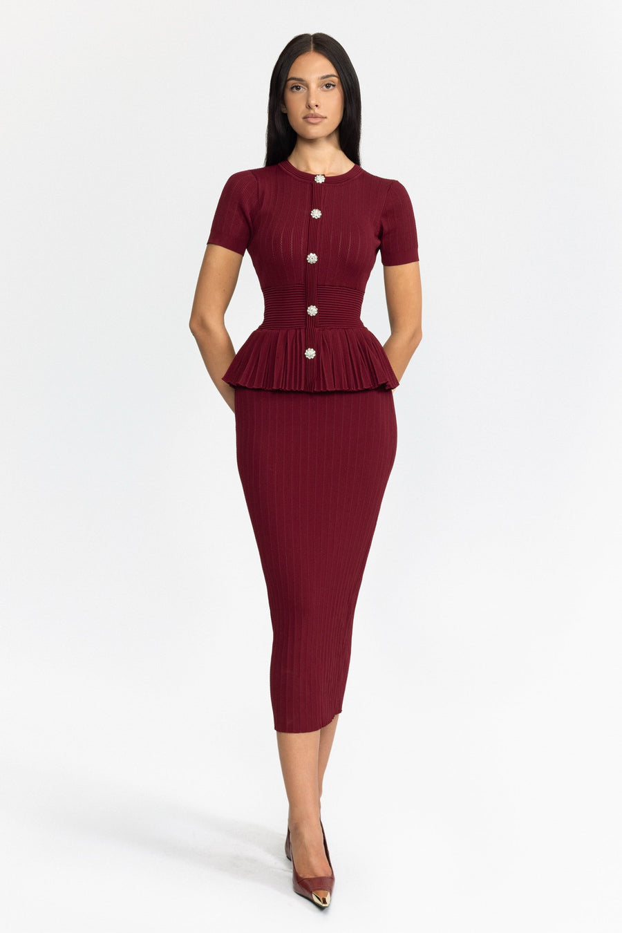 Mathilde Pleated Peplum Knit Pencil Midi Dress - Wine