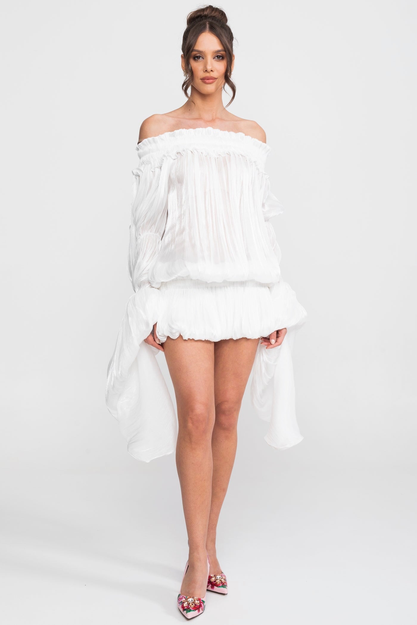 Off-Shoulder Ruffle Mini Dress With Draped Sleeves - White