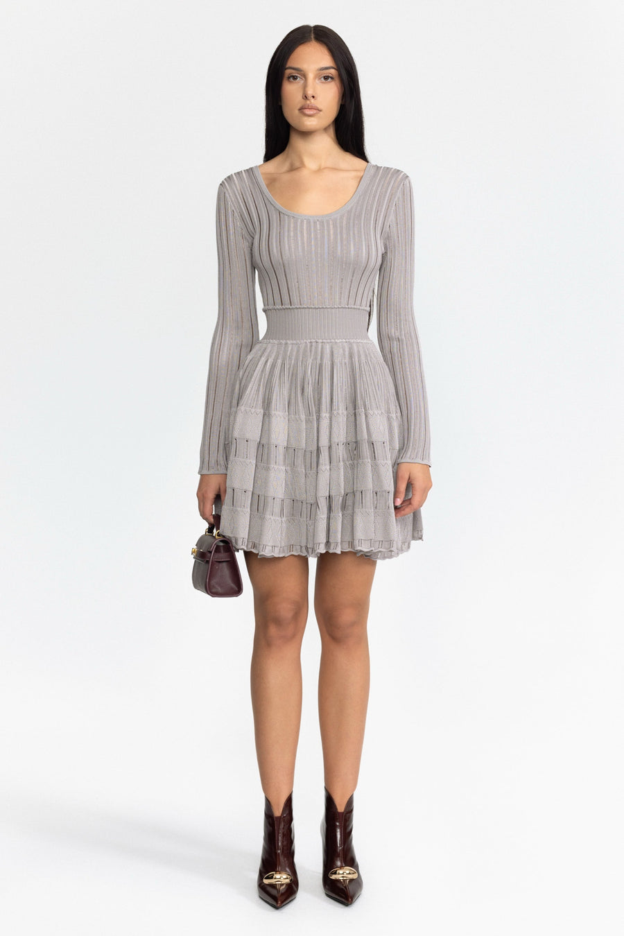 Élodie Ladder Knit Scoop Neck Skater Mini Dress - Grey
